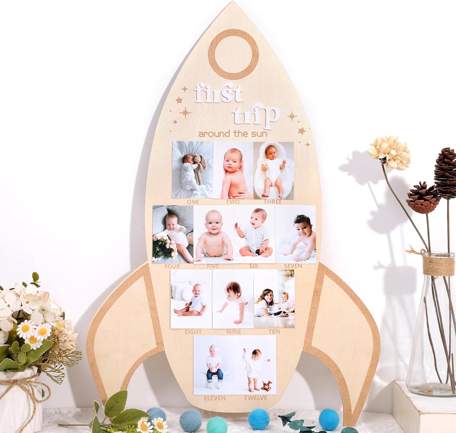 First Trip Around the Sun Monthly Photo Board - My First Year Monthly Photo Display fits 2x3 inch photos, Outer Space Birthday Party Decor, Wooden Rocket First Birthday Photo Board
