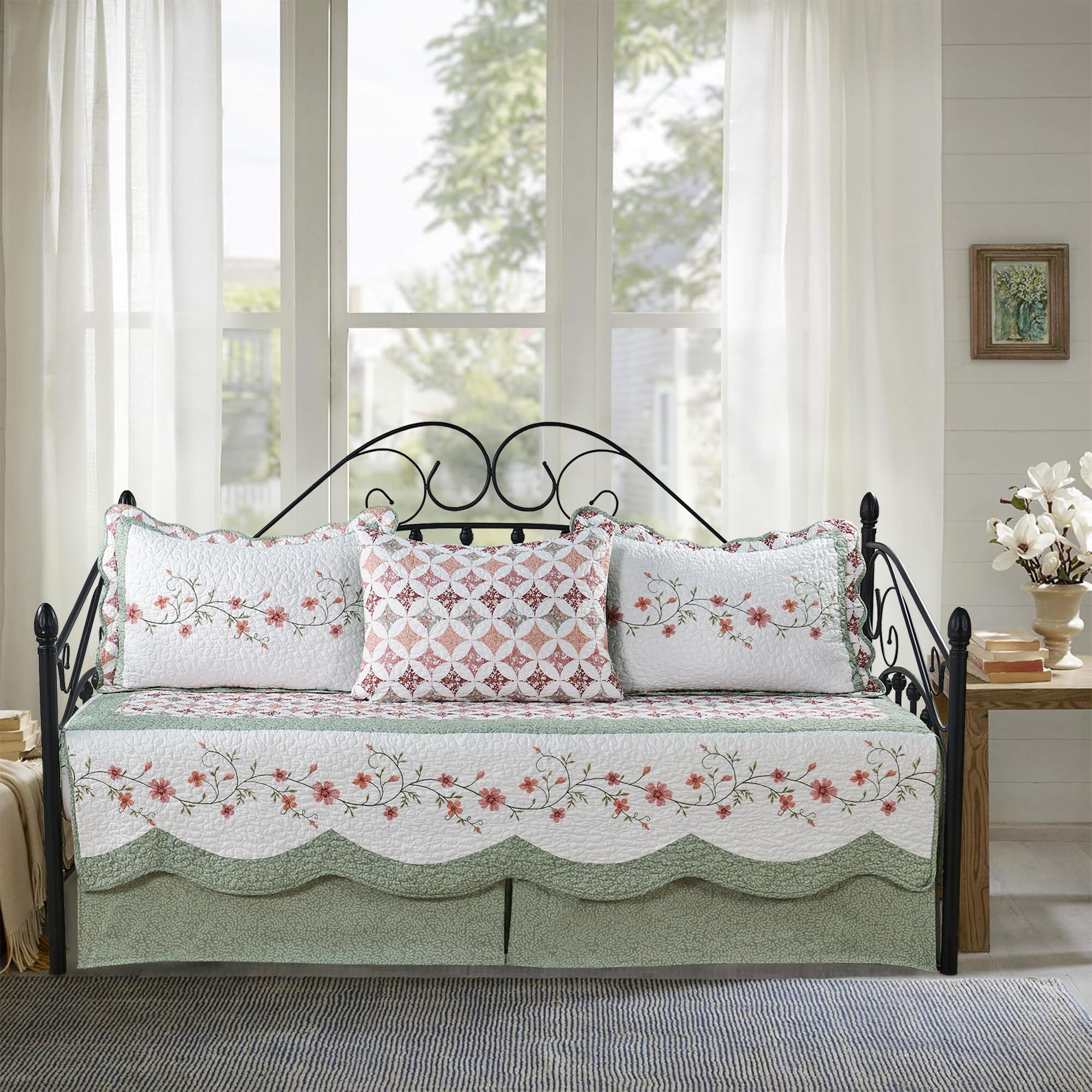 5-Piece Quilted Microfiber Daybed Cover Set with Floral Embroidery, All Season Luxurious Bedding with Matching Shams and Bed Skirt, 75"x39", Cherry