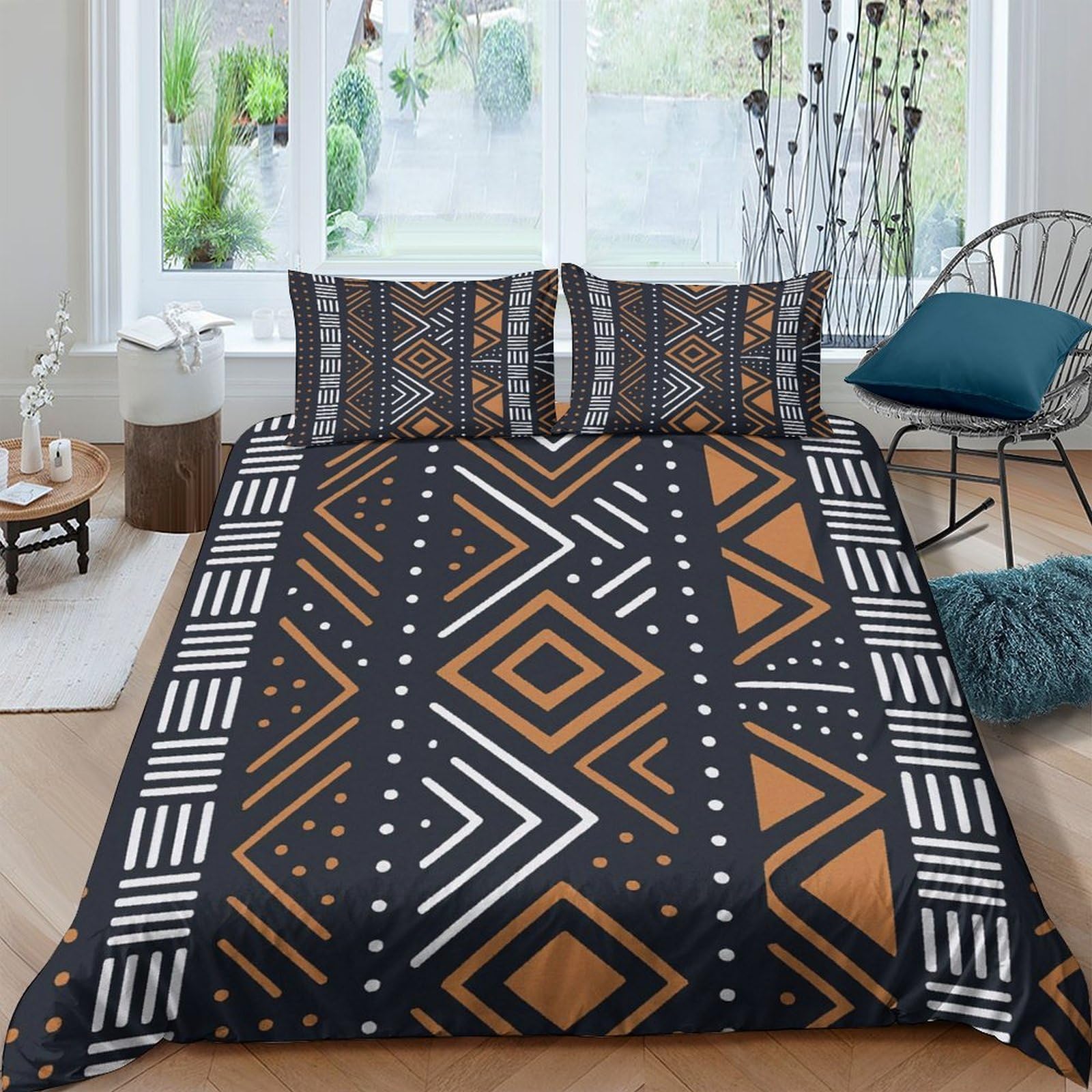 GPLZQXKJNH 3D Printed African Mudcloth Geometric Duvet Cover Set Microfiber Soft Breathable with 2 Pillowcases for Bedroom Decor Single（135x200cm）