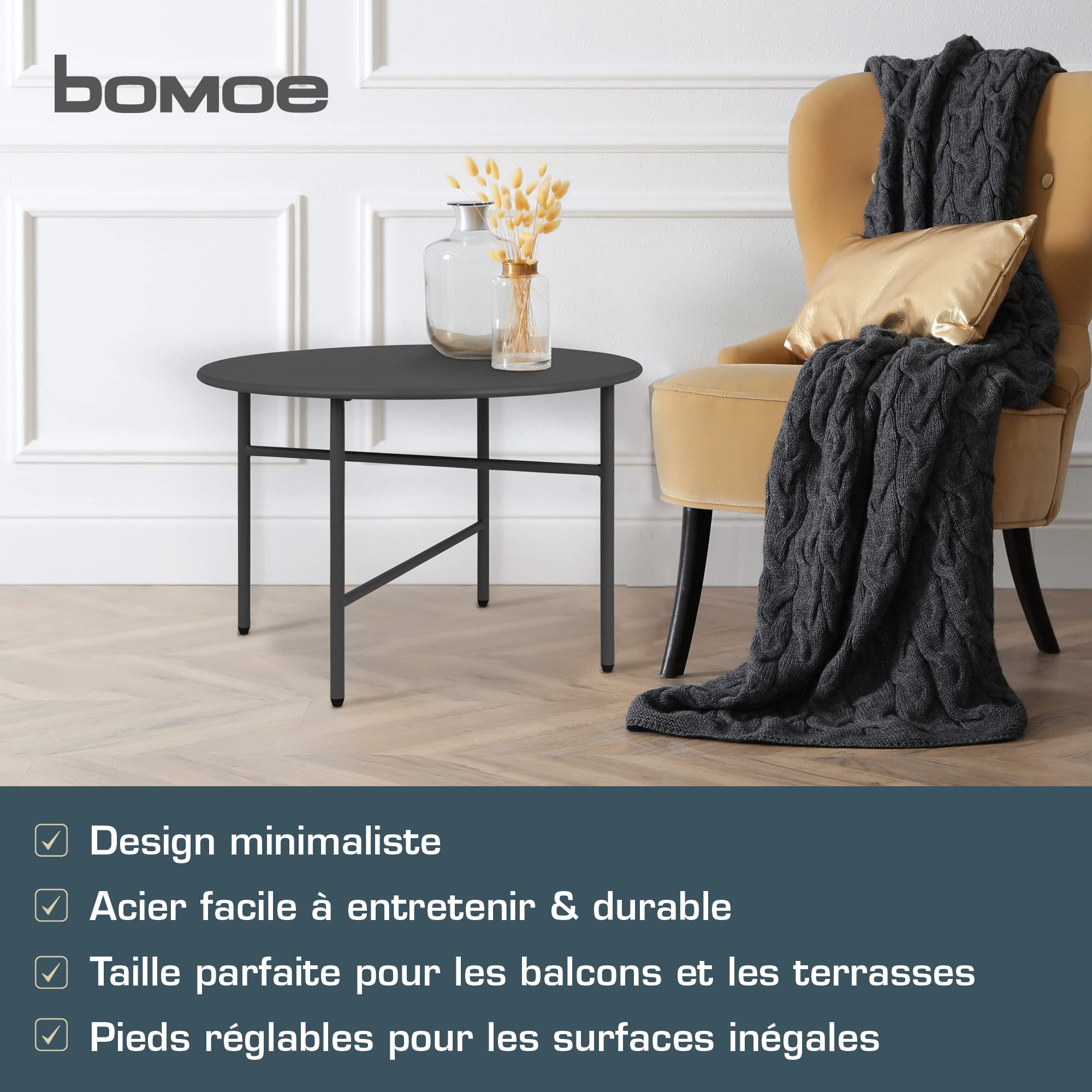 BOMOE Petite Table Basse Jardin Exterieur en Métal Noir Ø 53 cm Plateau Anti-Rayures - Table d'appoint Extérieur Stable Légère Indoor Outdoor Balcon Terrasse Chambre Finn