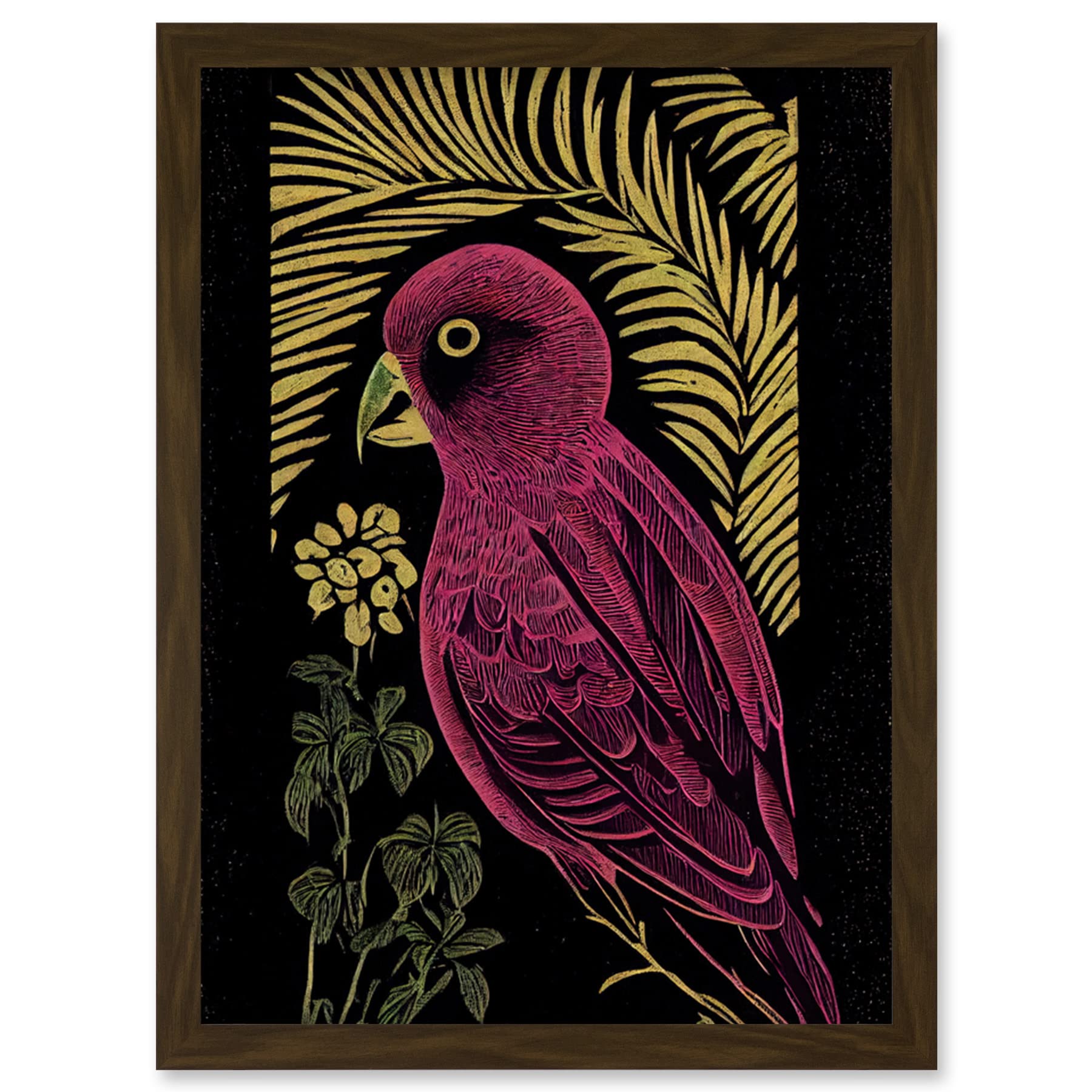 Wee Blue Coo Pink Parrot Bird Black Gold Tropical Plants Modern Vintage Linocut Illustration Artwork Framed Wall Art Print A4