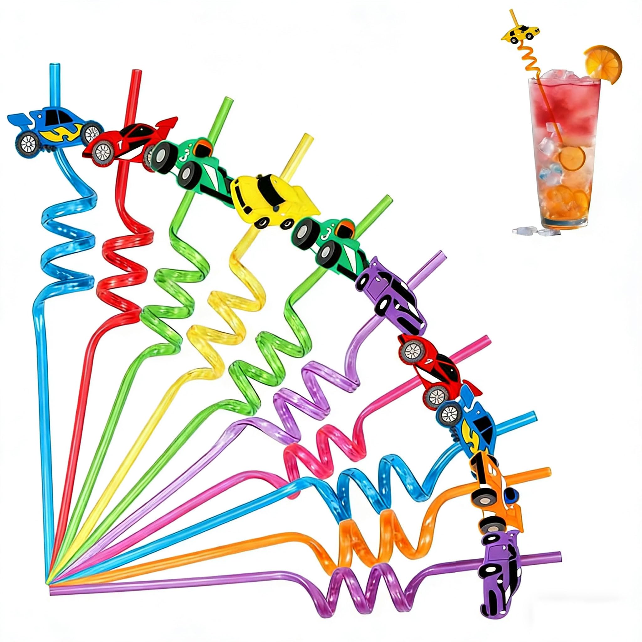 Yuepengkai Reusable Drinking Straws Novelty Racing Themed Party Straw Curly Hard Plastic Straws Kids Birthday Party Decorations Supplies Family Reunion Favors - Pack of 10