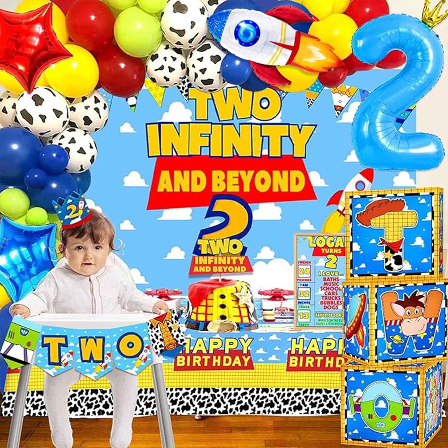 Two Infinity and Beyond Birthday Decorations, Story 2nd Party Supplies,Balloons Backdrop Crown Tablecloth Cake Topper Balloon Box for 2 Infinity and Beyond Birthday Decorations