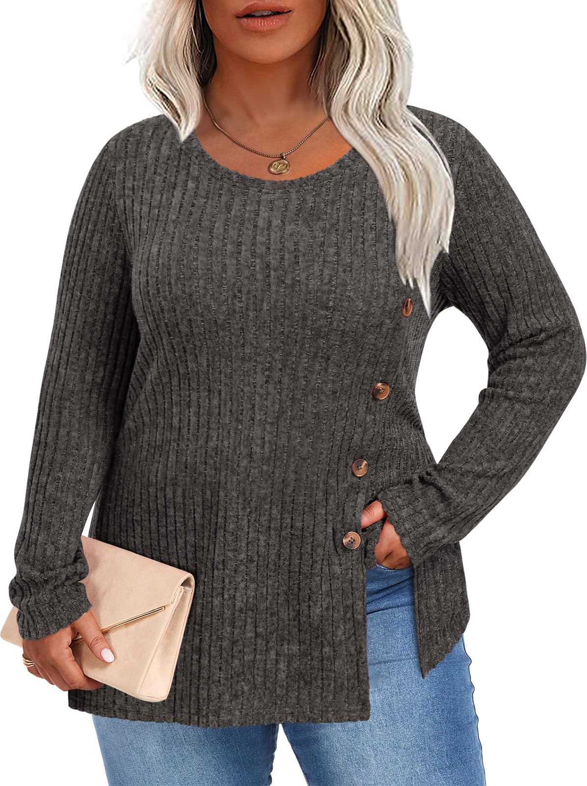 HOTGIFT Women Plus Size Top Knit Long Sleeve Sweater Button Tunic XL-5XL