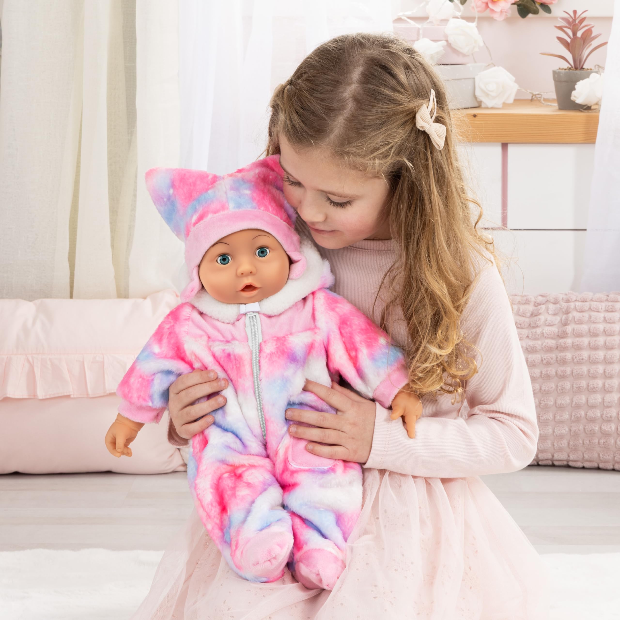 Bayer Design Bambolina Babypuppe interaktiv, Spielpuppe sprechend | 24 Babylaute, Schlafaugen, weicher Körper, 46 cm, mit viel Zubehör
