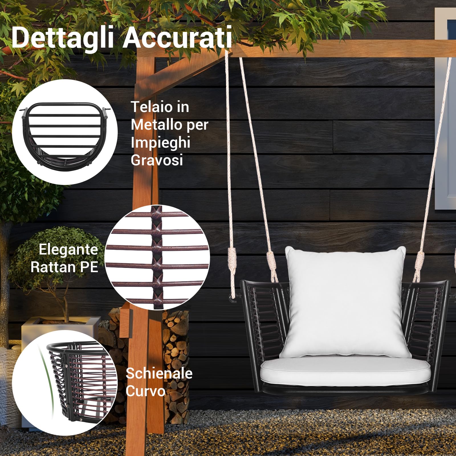 COSTWAY Altalena da Giardino in Rattan PE, con Cuscino (Bianco)