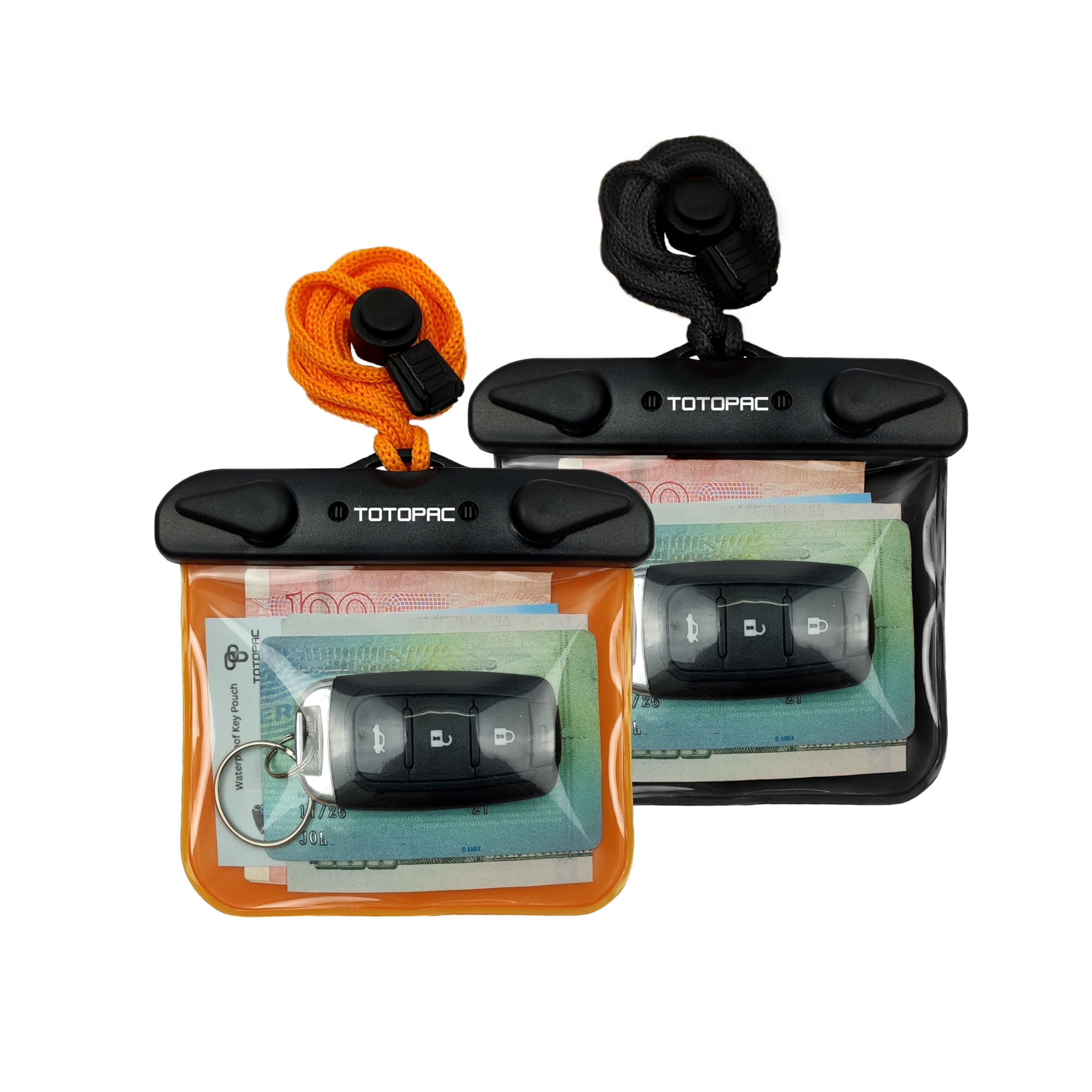 TOTOPAC 2Pack Waterproof Car Key FOB Case Floating Wallet Pouch for Remote Keys ID Credit Card Cash Money Submersible Dry Bag Holder (2, Black + Orange)