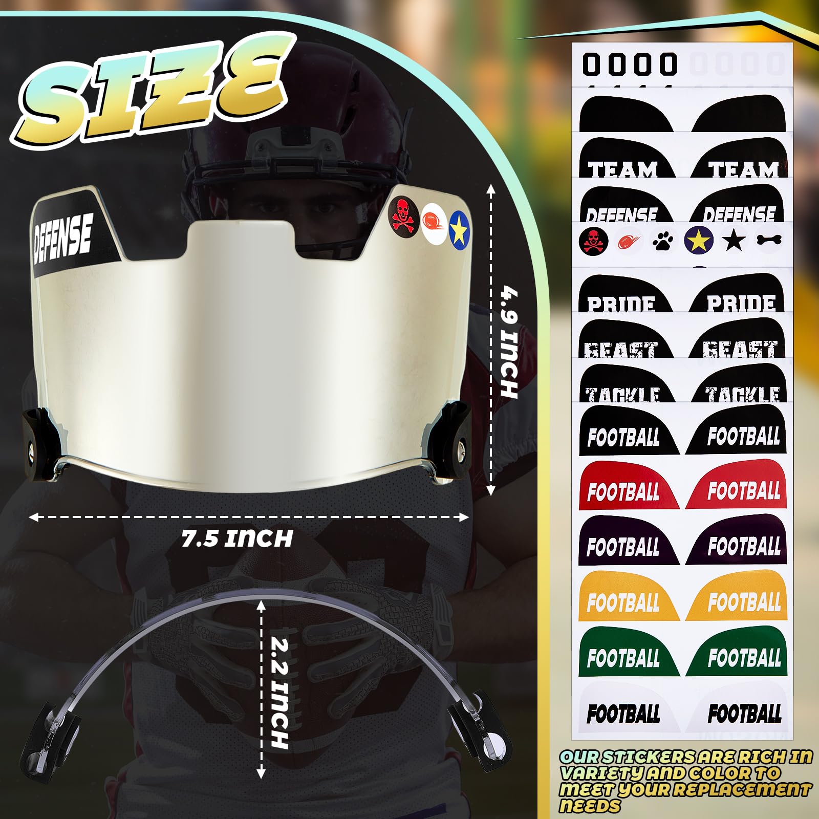 Copkim Universal Football Helmet Visor for Youth Adult Kids Football Visor for Helmet with 9 Set DIY Stickers and 2 Visor Clips Scratch Resistant Fog Lacrosse Football Eye-Shield Visor(Clear Silver)