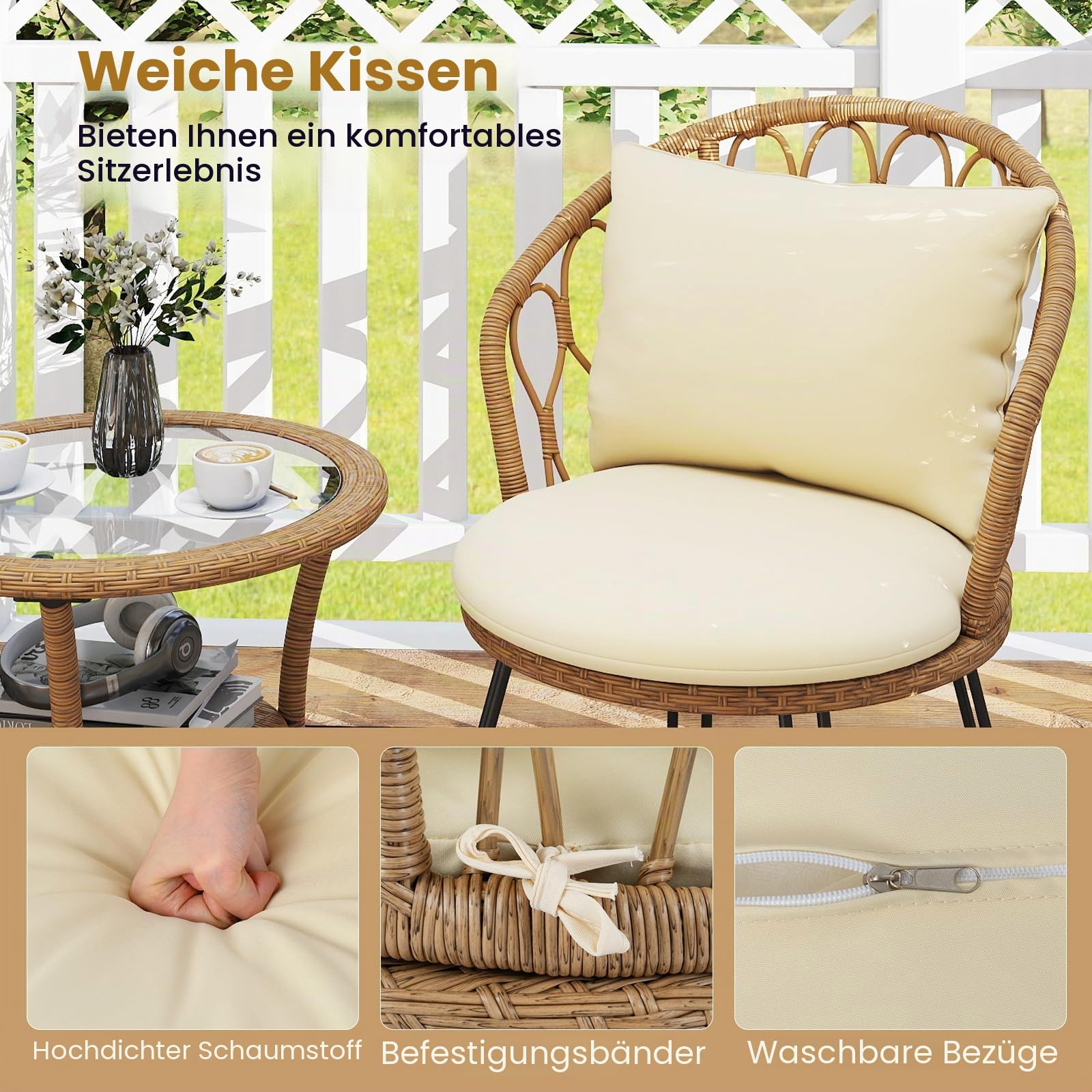 FANTASK 3TLG. Balkonmöbel Set, Rattan Balkonset inkl. inkl. 2 Stühle mit Kissen & Tisch, Bistroset für 2 Personen, Gartengarnitur für Garten, Terrasse