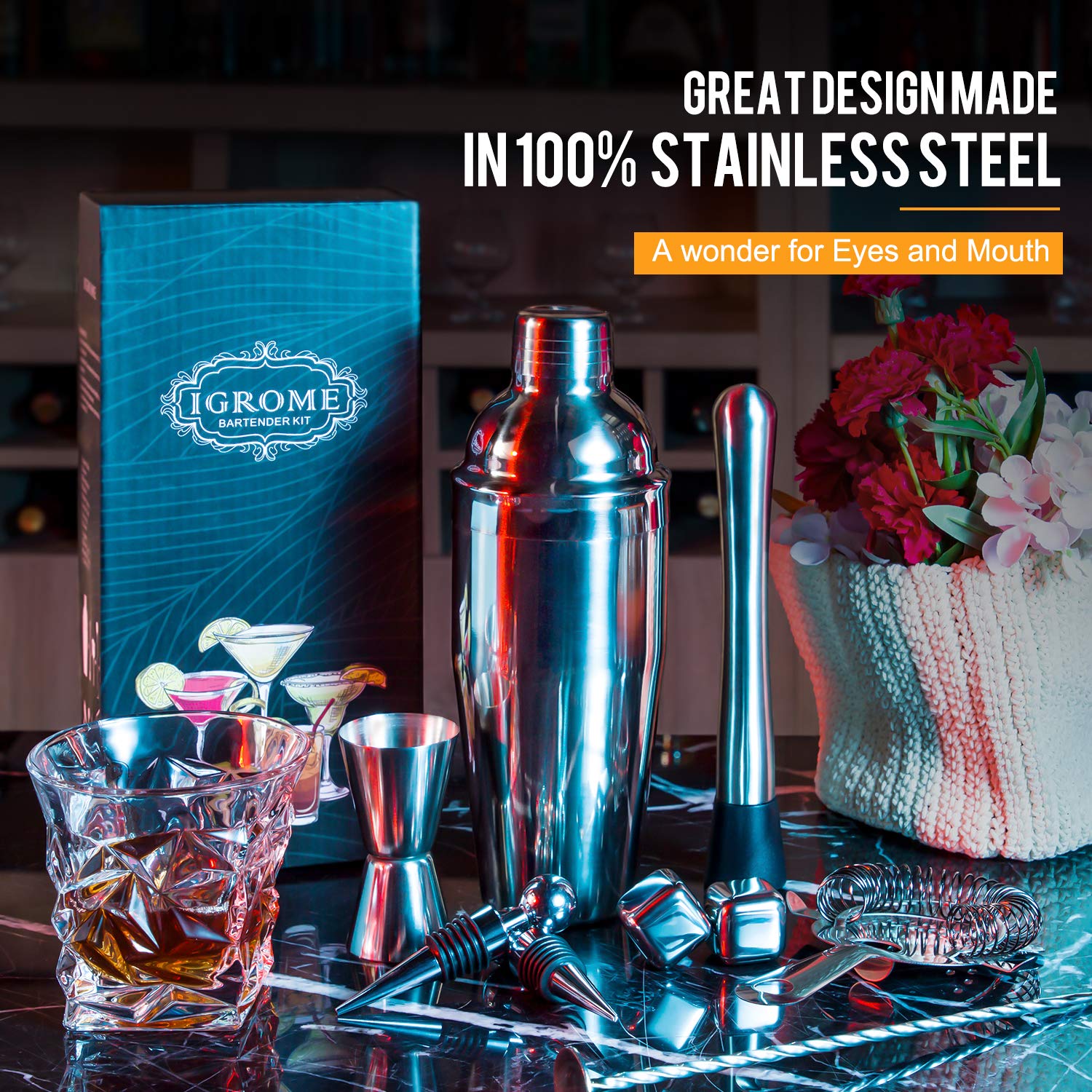 Coctelera de Cóctel 750 ml,Cocktail Shaker Set en Acero Inoxidable Kit Cocktail 16PCS para Vino,Boston,Bebida,Bar,Fiesta,Regalo de Familia