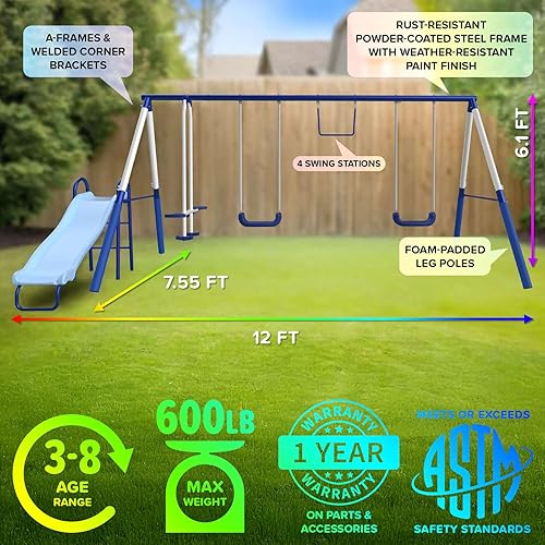 Miniatura 7 de Sportspower Arcadia Star Burst - Juego de columpio para exteriores de metal resistente para niños de 3 a 8 años con luz LED, columpios y trapecio
