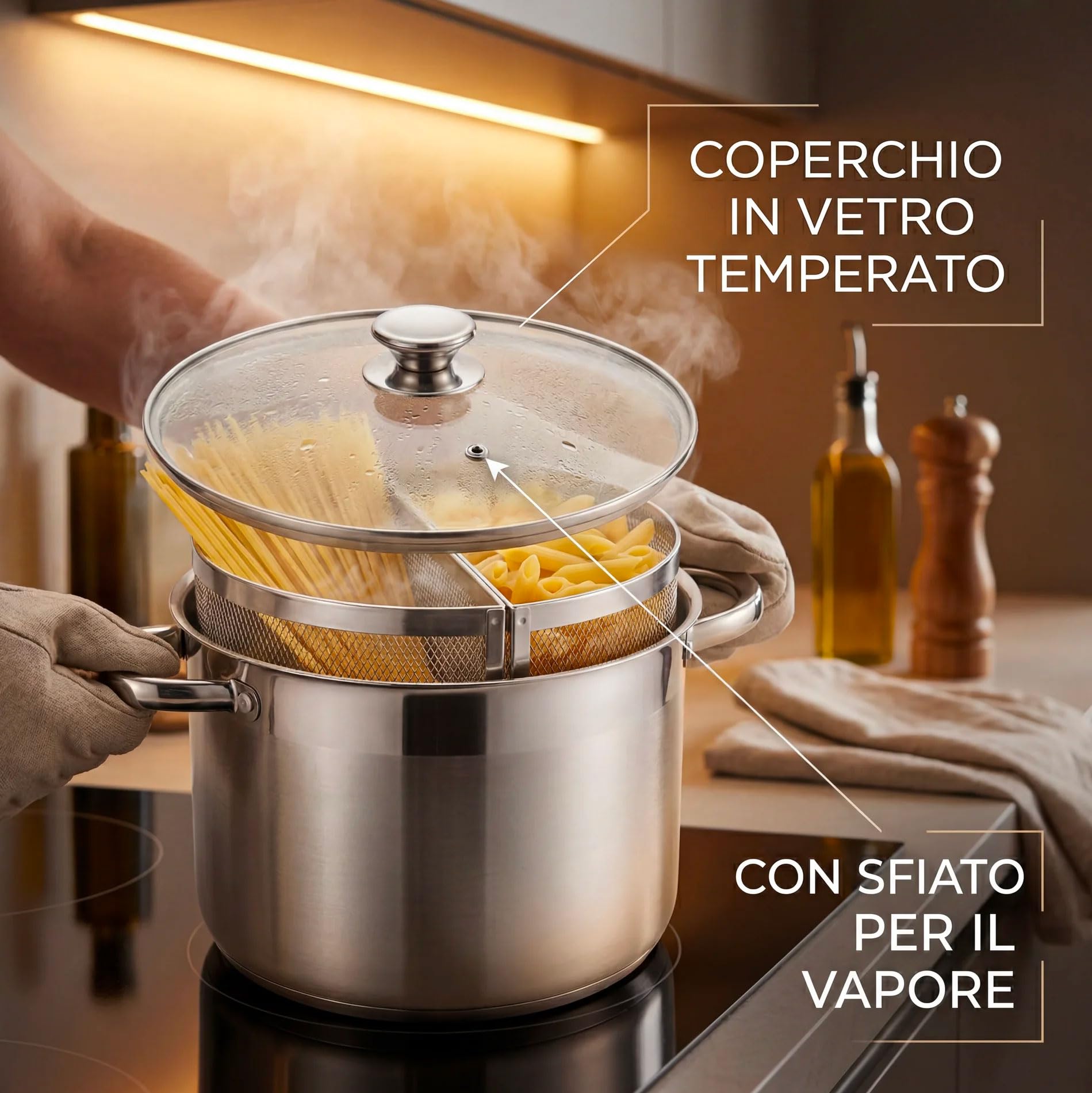 081 Store - Pentola Doppio Cestello con Coperchio 20 cm 6L Acciaio Inox 18/10 | Spaghettiera 2 Cestelli | Fondo Triplo Induzione | Pentola Pasta Professionale