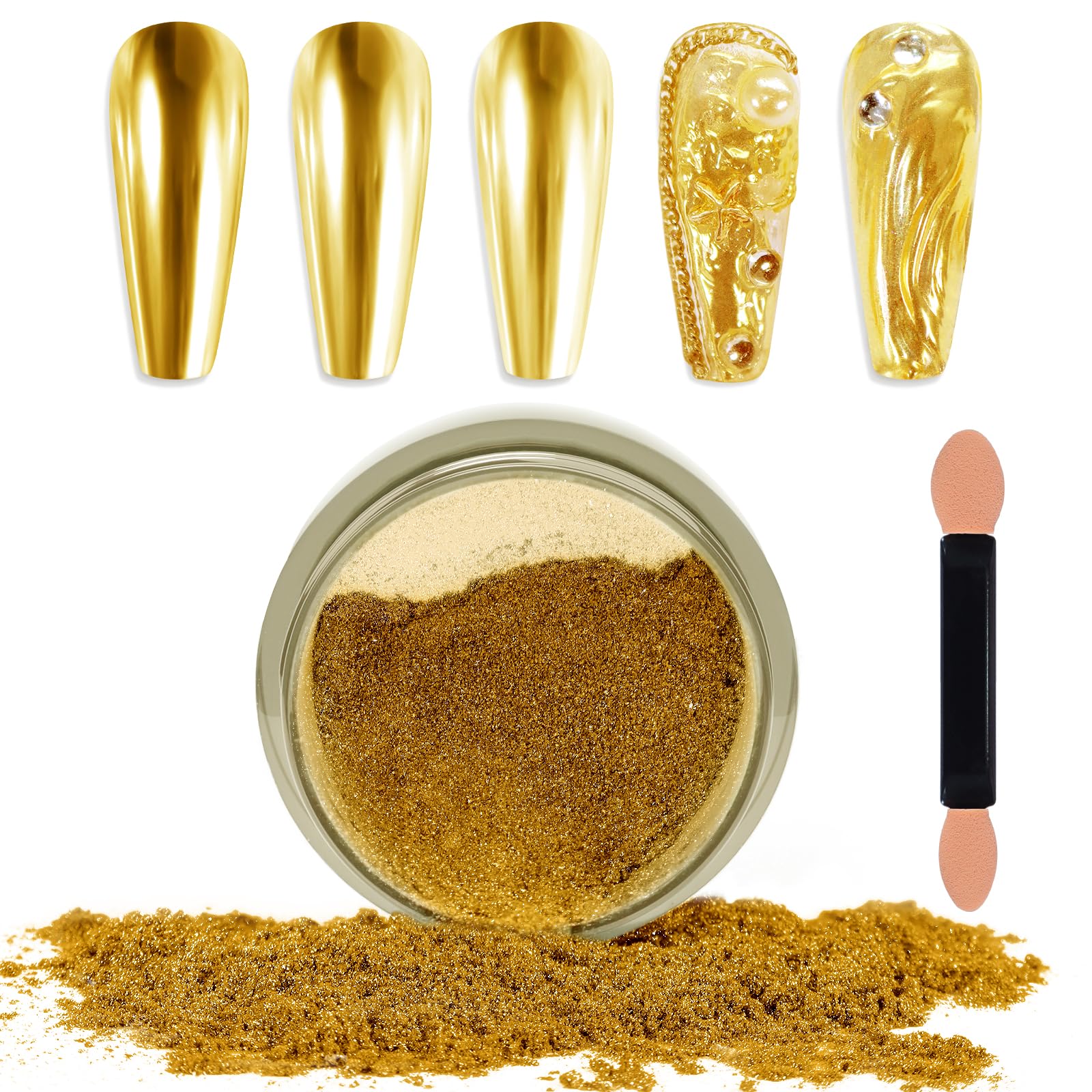 Laza Chrome Nail Powder, Metallic Mirror Effect Pigment, Bright Gold