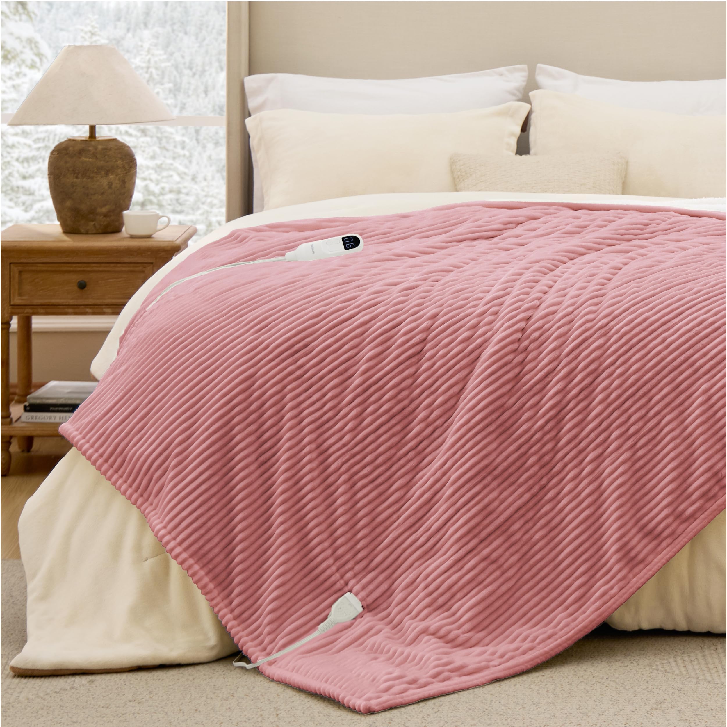 Bedsure Electric Blanket Full Size - Soft Ribbed Flannel Heated Blanket, Heating with 6 Time Settings (Up to 10H), 6 Heat Settings &amp; 8Hr Timer Auto Off, Gifts for Grandma (72"x84", Bridal Rose)