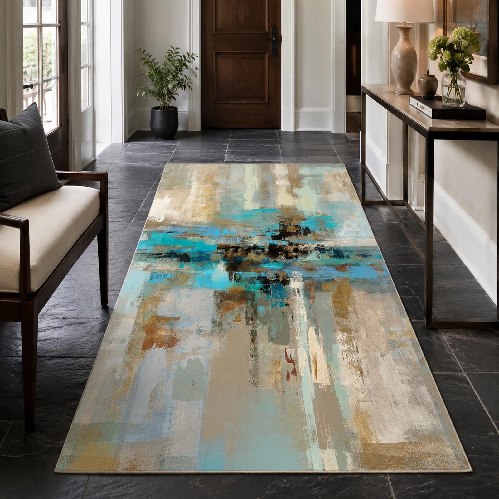 Rug for living room abstrait bleu beige marron grand tapis de salon 120 x 200 cm