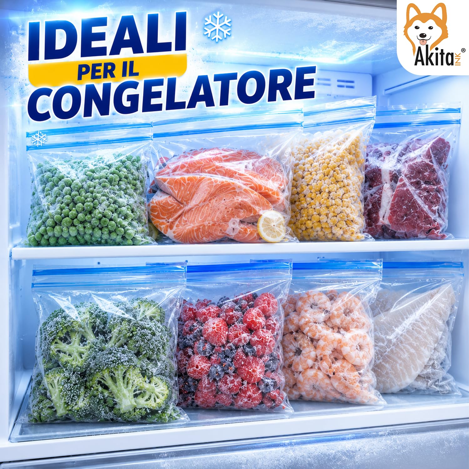 AkitaInk Set 60 Sacchetti Freezer con Chiusura Zip, Buste Gelo Alimentari Richiudibili in 3 Misure Assortite per Conservazione Cibi