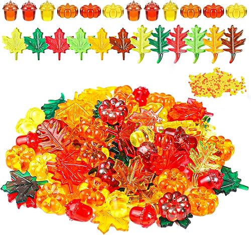 Decoración de jarrón de otoño, 90 piezas acrílicas de hojas de otoño, canicas de calabaza, canicas, piñas, 510 cuentas de agua, decoración de mesa
