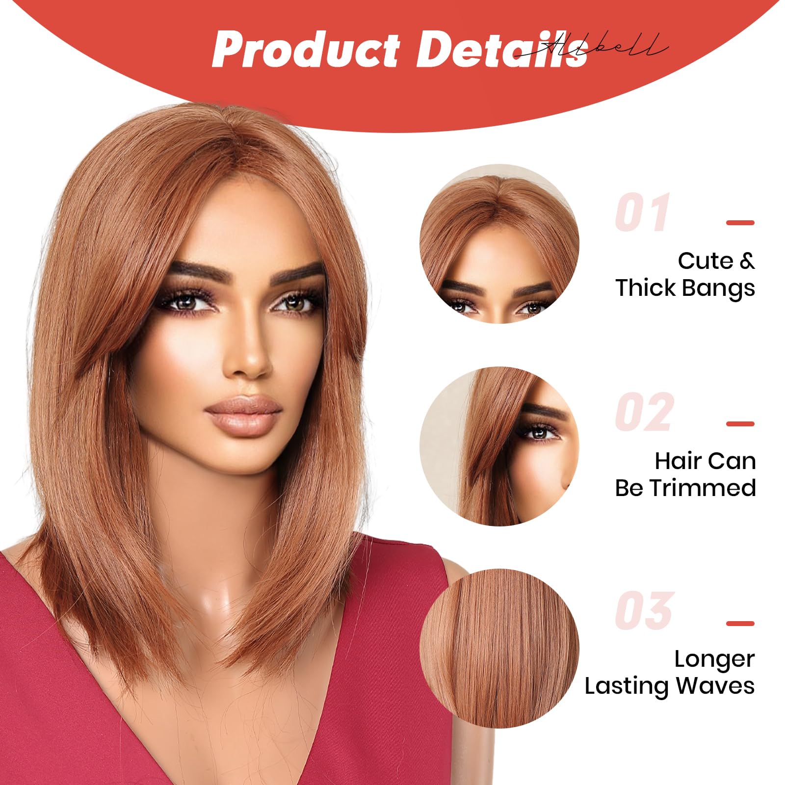 Allbell Short Auburn Bob Wigs for Women with Curtain Bangs Natural Straight and Shoulder Length Synthetic Hair Wig for Daily Wear & Costume Use - Image 2