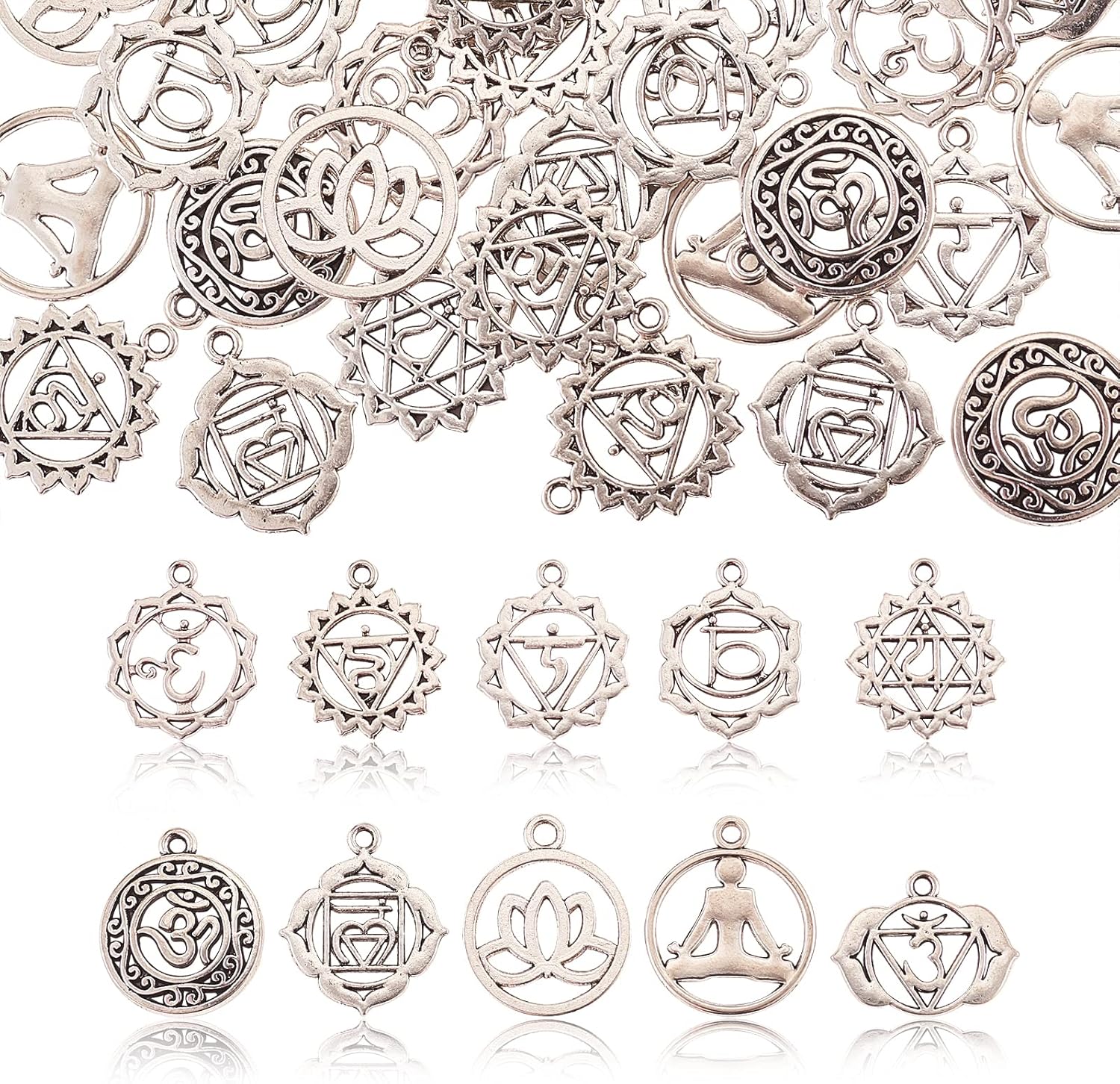 Ipotkitt 100 unidades, 10 estilos, estilo tibetano, redondo, plano, con aleación de yoga, colgantes, adornos curativos para pulseras, collares,