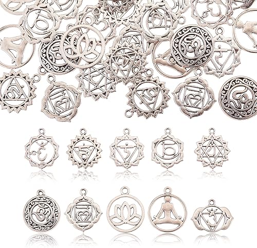 Ipotkitt 100 unidades, 10 estilos, estilo tibetano, redondo, plano, con aleación de yoga, colgantes, adornos curativos para pulseras, collares,