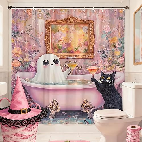 Miniatura 4 de Divertida cortina de ducha de fantasma, diseño de fantasma, rosa, floral, lindo fantasma toma una bañera en flor, Halloween, gato negro, academia,