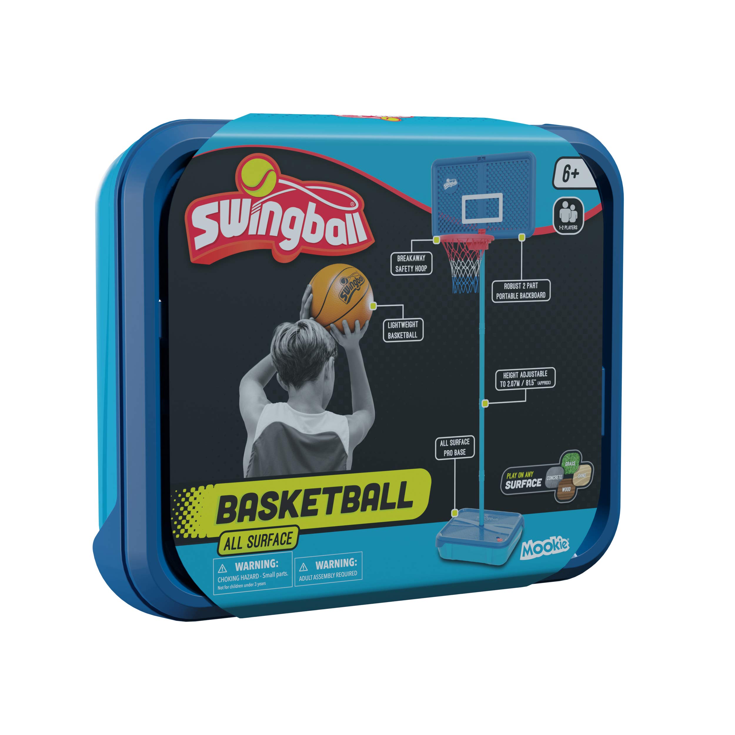 Swingball Todas Las Superficies, Azul, Actividades al Aire Libre, Juegos de jardín, aro de Baloncesto, Adecuado para Todos a Partir de 6 años, Color, 42 x 52 x 14 cm (Mookie 7281)