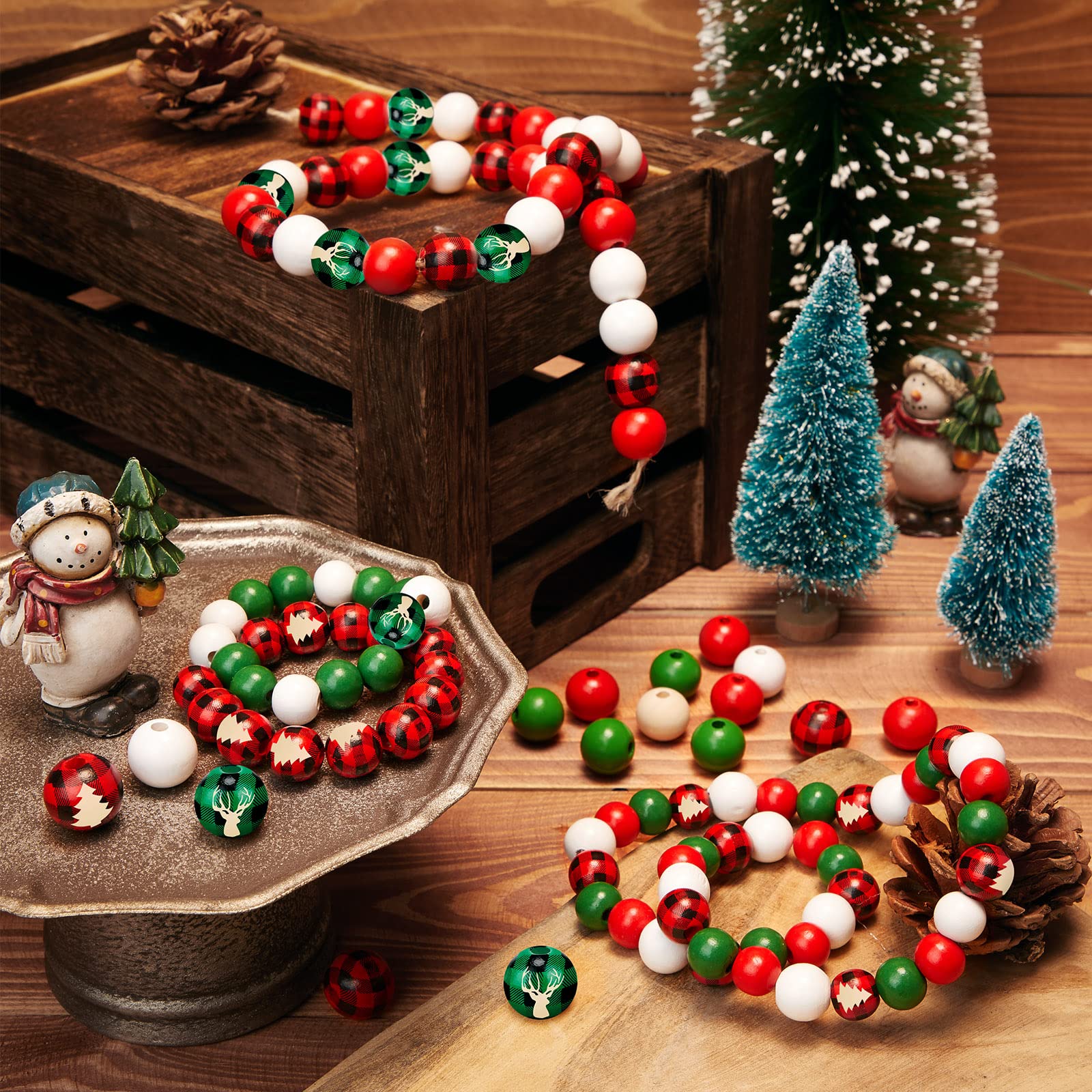 Lot de 1000 perles en bois de 12 mm pour loisirs créatifs, Noël, Thanksgiving, Halloween, fabrication de bijoux (rouge, vert, blanc, motifs multiples)