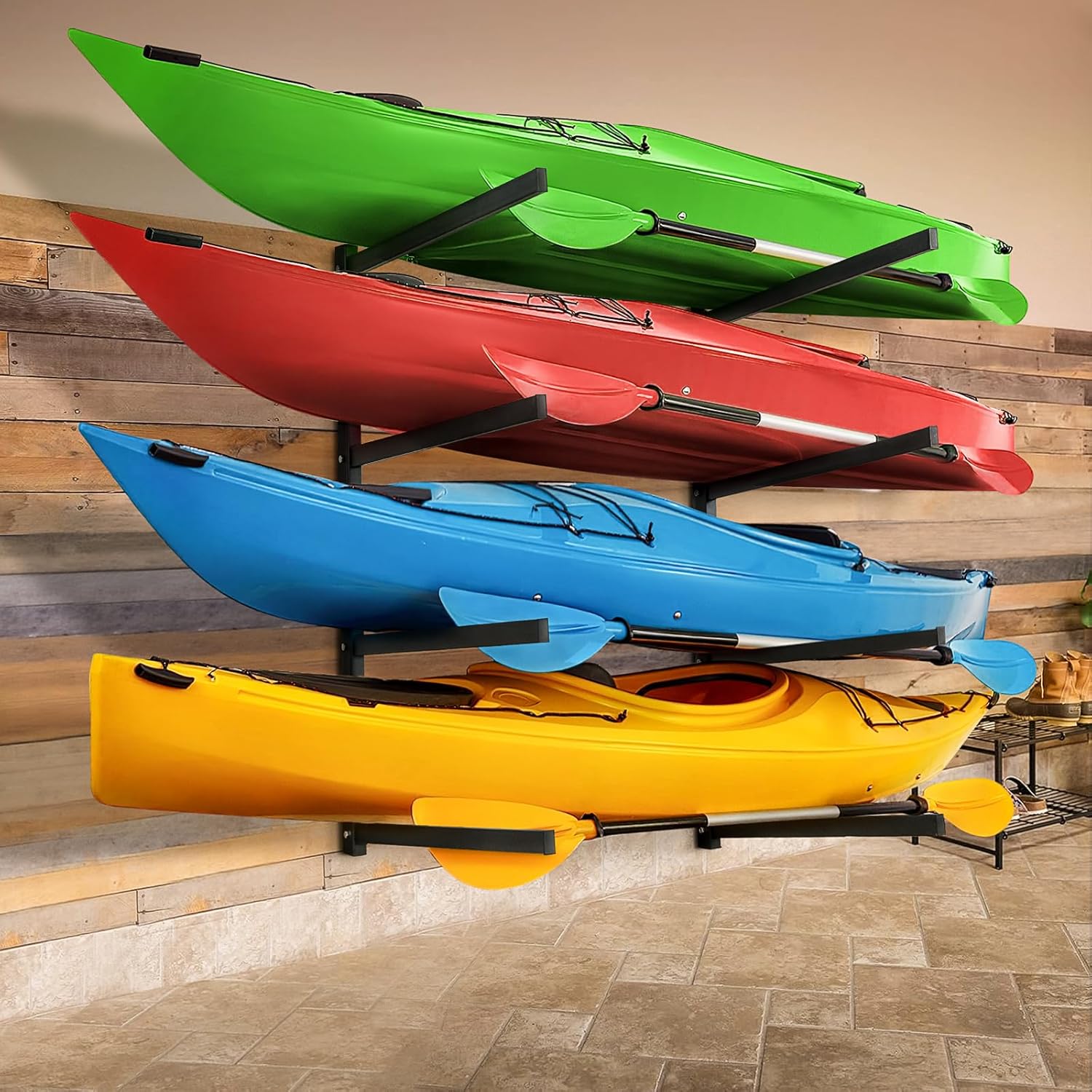 Kayak Wall Rack for 4 Kayaks, Heavy Duty Kayak Racks for Garage and Outdoor Storage, Wall Mounted Storage Rack for Kayak, Canoe, Surfboard & Paddleboard Kayak Wall Rack for 4 Kayaks, Heavy Duty Kayak Racks for Garage and Outdoor Storage, Wall Mounted Storage Rack for Kayak, Canoe, Surfboard & Paddleboard
