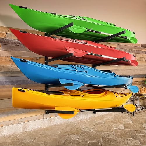 Unionline Estante de pared para 4 kayaks, resistente para garaje y almacenamiento al aire libre, estante de almacenamiento montado en la pared para