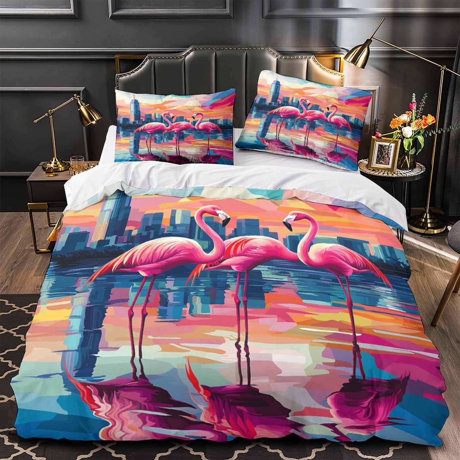 Housse de couette Flamingo 3D microfibre 135x200cm avec 2 taies d'oreiller pour lit simple
