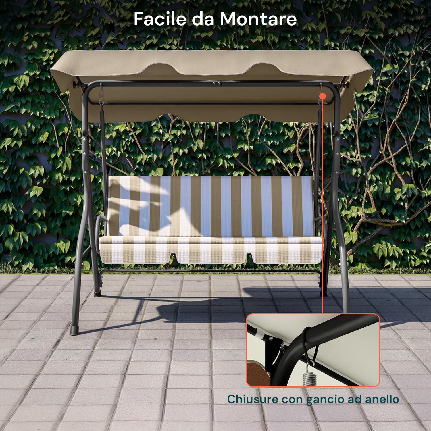 Avilia Dondolo da Giardino 3 Posti con Tettuccio – Dondolo da Esterno in Acciaio Antracite con Seduta Beige, Struttura Robusta e Parasole Regolabile per Patio, Terrazzo, Veranda