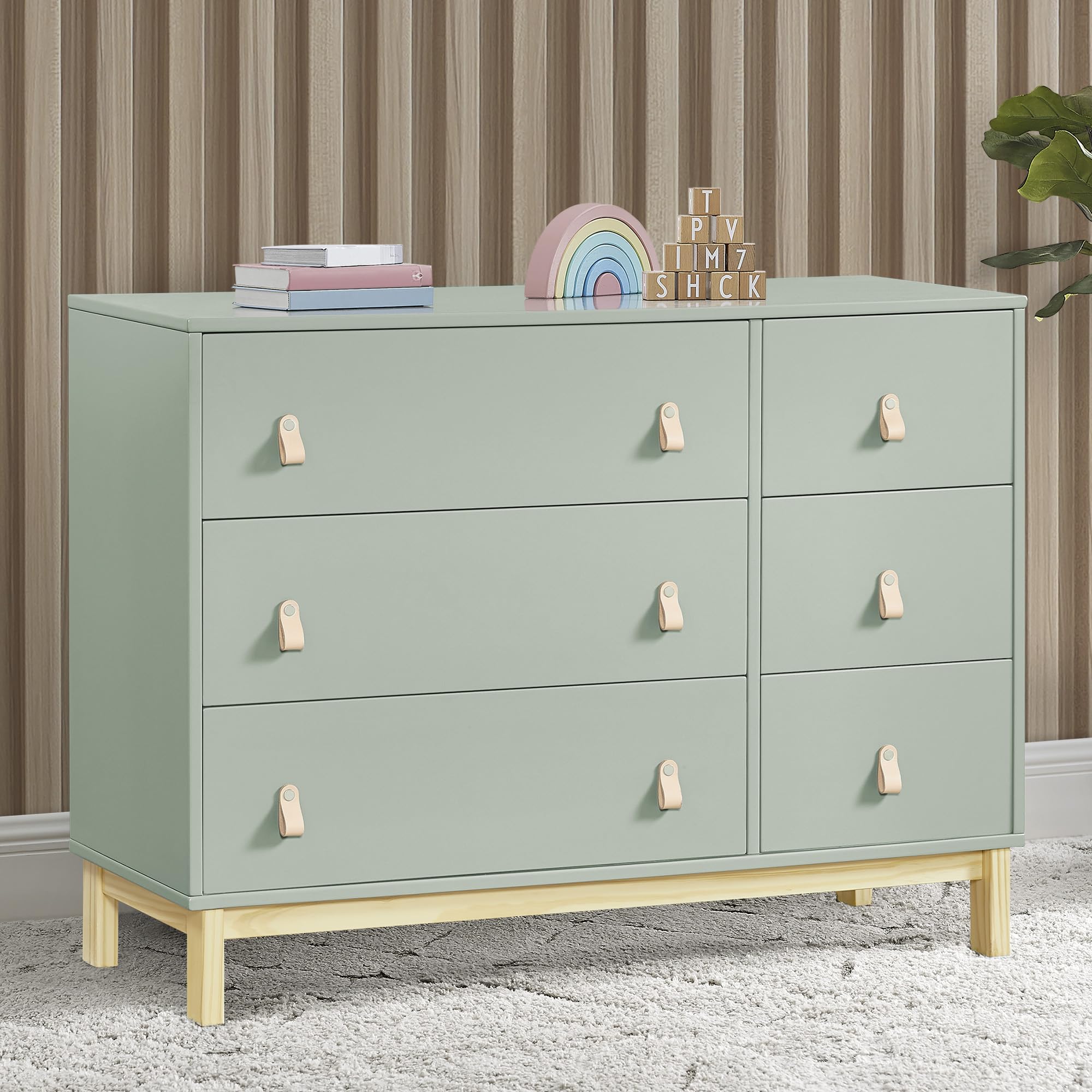 Delta Children babyGap Legacy 6 Drawer Dresser with Leather Pulls and Interlocking Drawers Greenguard Gold Certified, Sage Green w/Natural