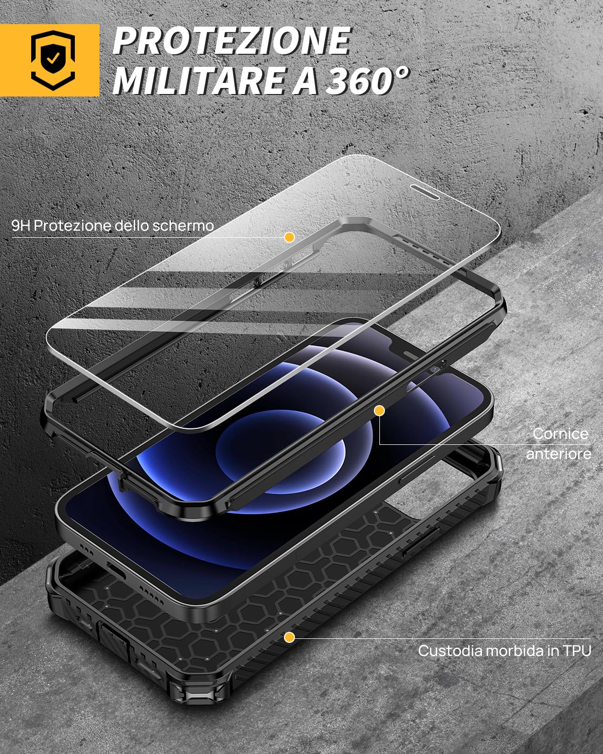 Lanhiem Cover iPhone 12/12 Pro con 2 Pezzi 9H Vetro Temperato, Supporto Magnetico ad Anello a 360°Protezione Antiurto Anticaduta di Livello Militare Armor Custodia iPhone 12 Pro / 12, Nero