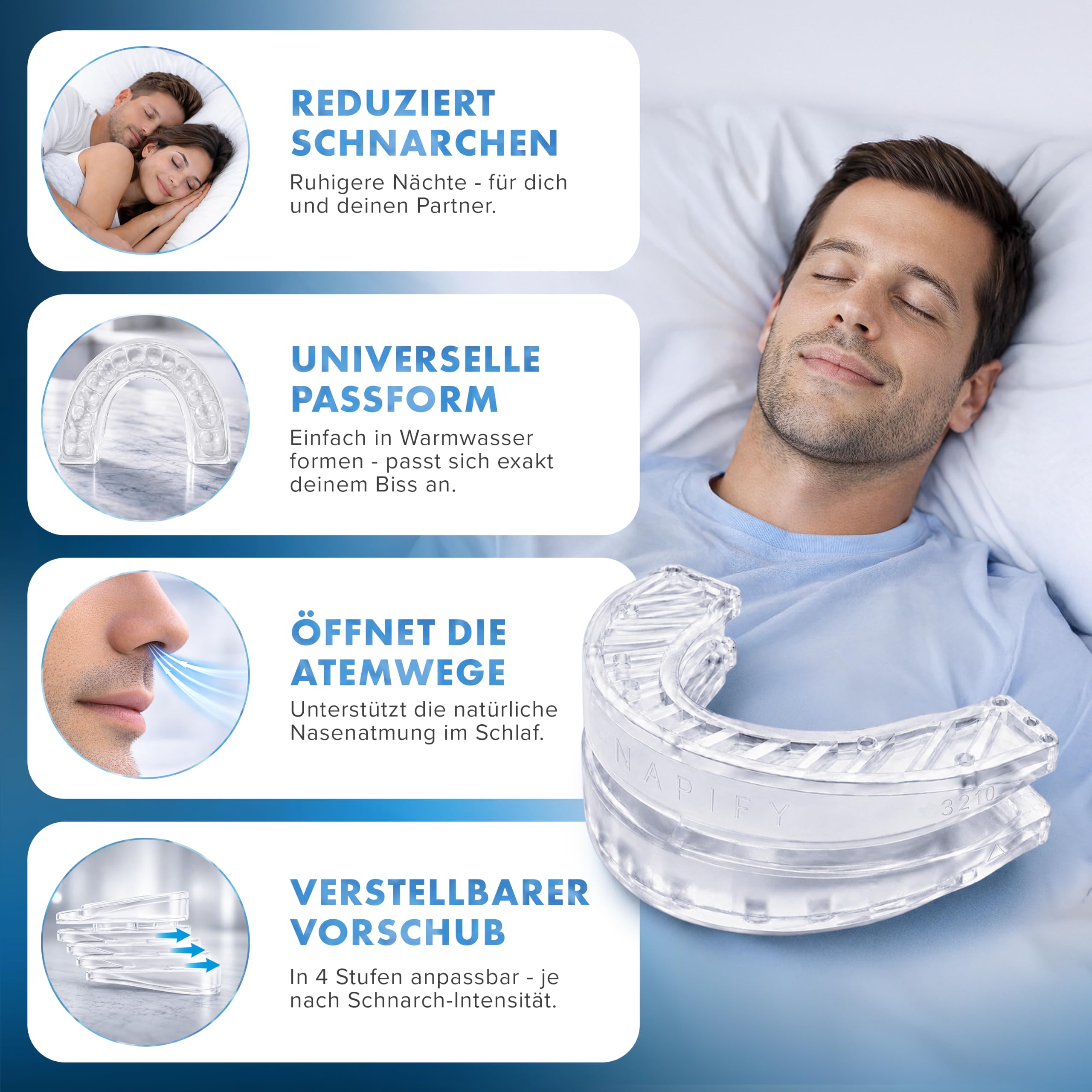 Schnarchschiene Made in Germany – verstellbare Anti Schnarch Zahnschiene gegen Schnarchen & Zähneknirschen, Aufbissschiene, Schnarchstopper, Anti-Snoring Mouth Guard, anpassbar, transparent