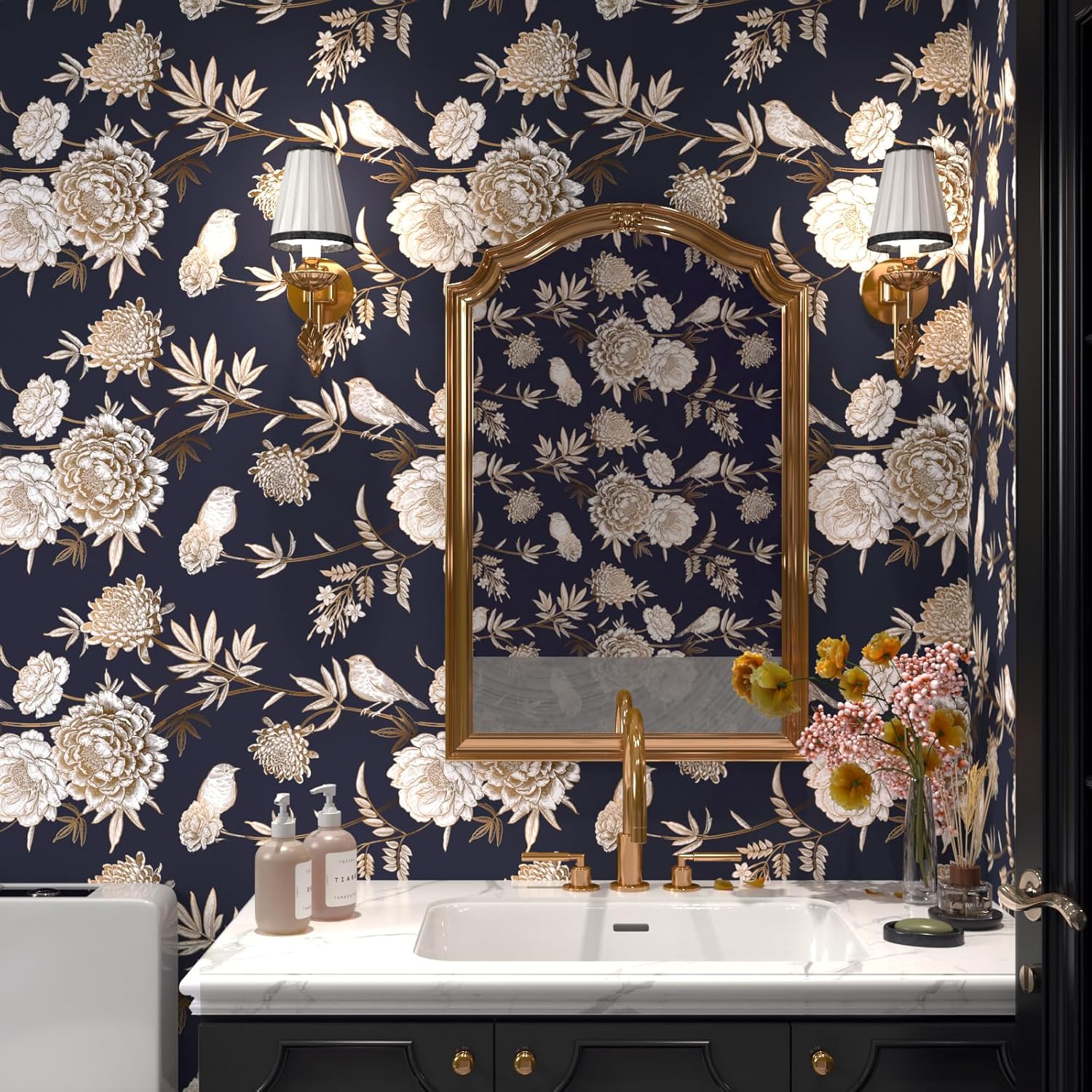 Dark Blue Gold Floral Peel and Stick Wallpaper Vintage Gold Bird Peony Wallpaper Mural Self Adhesive Floral Contact Paper Removable Flower Wall Paper for Bedroom Bathroom Cabinets 17.5"x160"