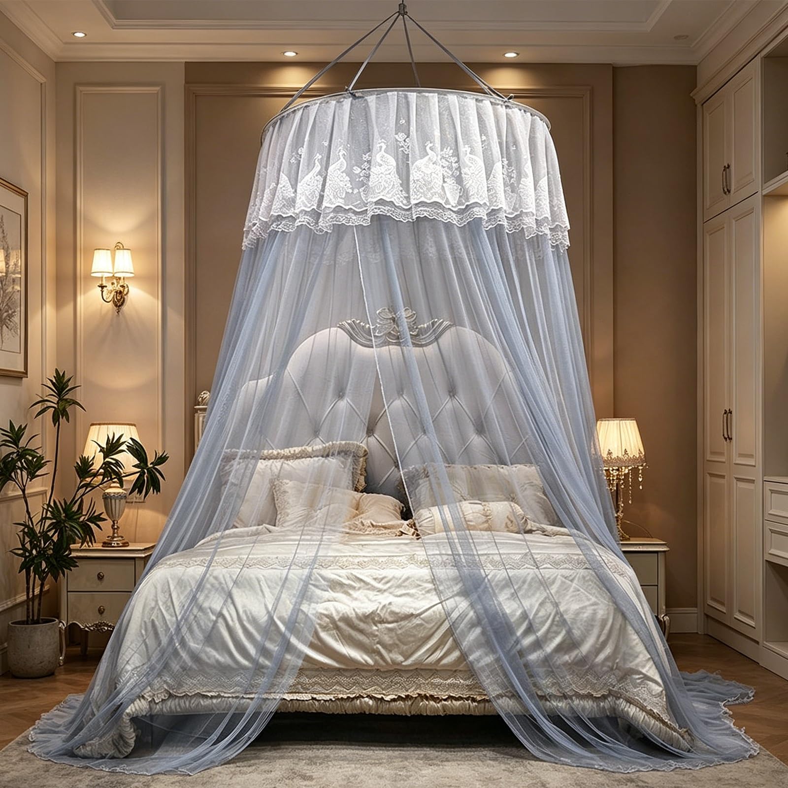 SARKEY Transparenter Netz Kuppel Bettvorhang,Hängende Bettnetzabdeckung Für Schlafzimmer,Prinzessinnen Betthimmel,luxuriöse Spitze,Runde,Eleganter,Erwachsene,Hochzeit Dekoration
