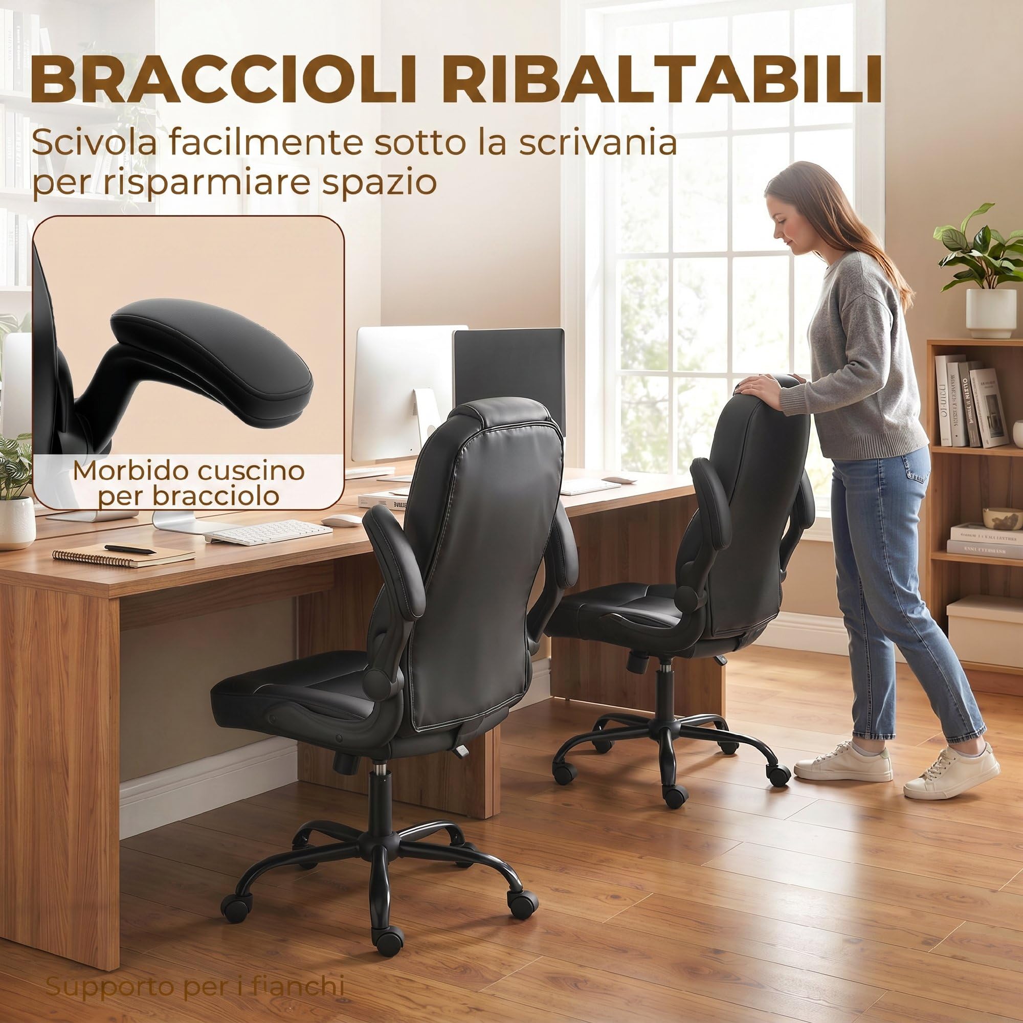 HOMCOM Sedia da Ufficio Ergonomica, Braccioli Ribaltabili Imbottiti, Nero | Schienale Curvato Alto Traspirante, Sedia Scrivania Imbottita Girevole in Pelle PU, Funzione Dondolo, Altezza Regolabile