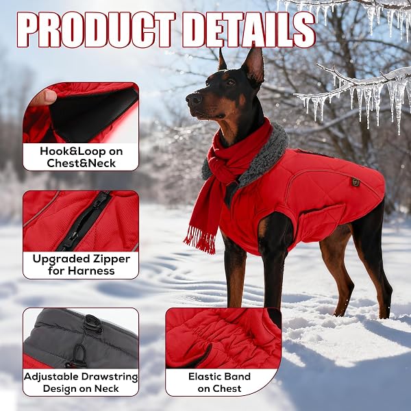 EMUST Dog Coats Winter, Thick Dog Clothes for Medium Dogs Boy, Coats for Dogs Winter with Harness Hole, Dog Coats for Cold Weather, Red, M - 2