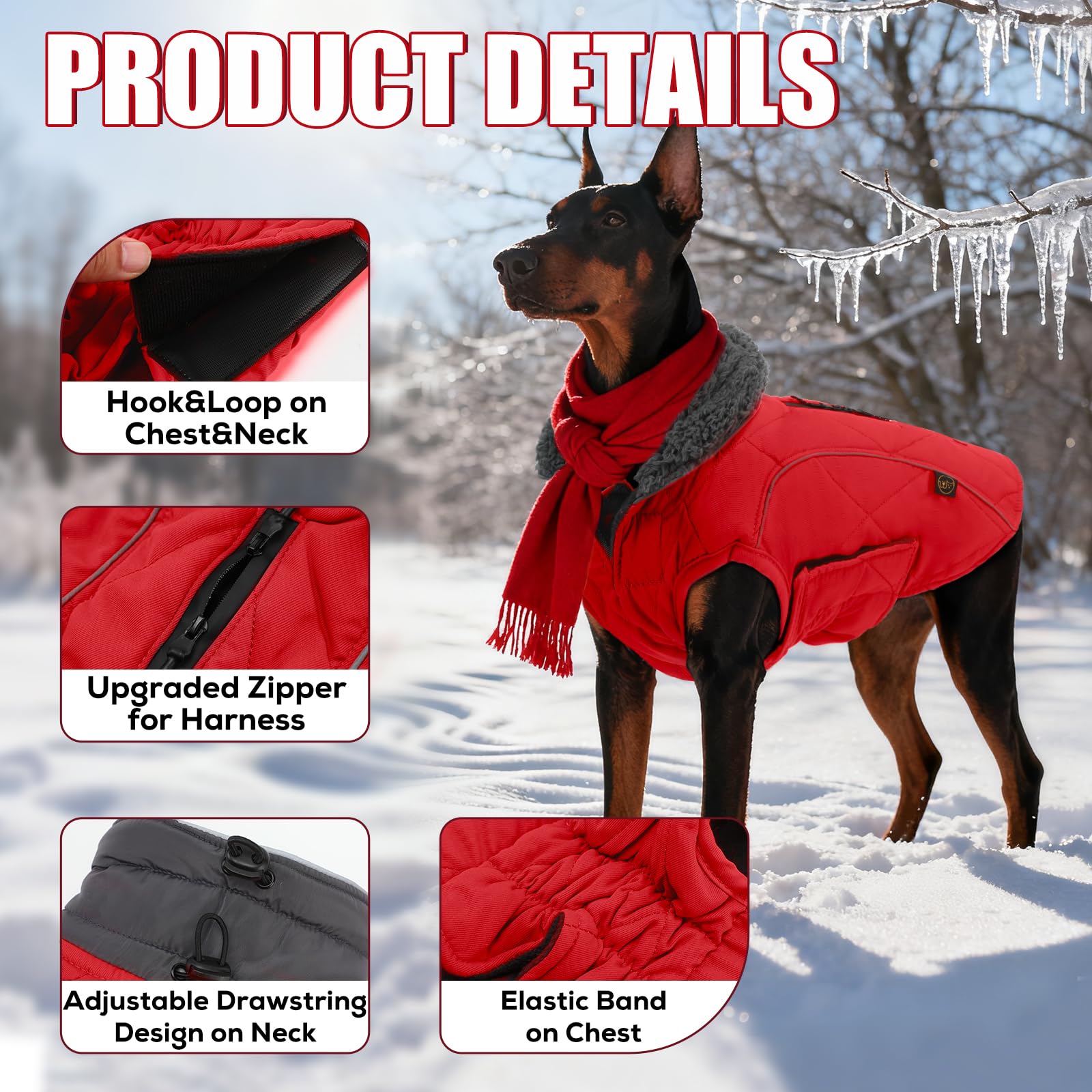 EMUST Dog Coats Winter, Thick Dog Clothes for Medium Dogs Boy, Coats for Dogs Winter with Harness Hole, Dog Coats for Cold Weather, Red, M — view 2