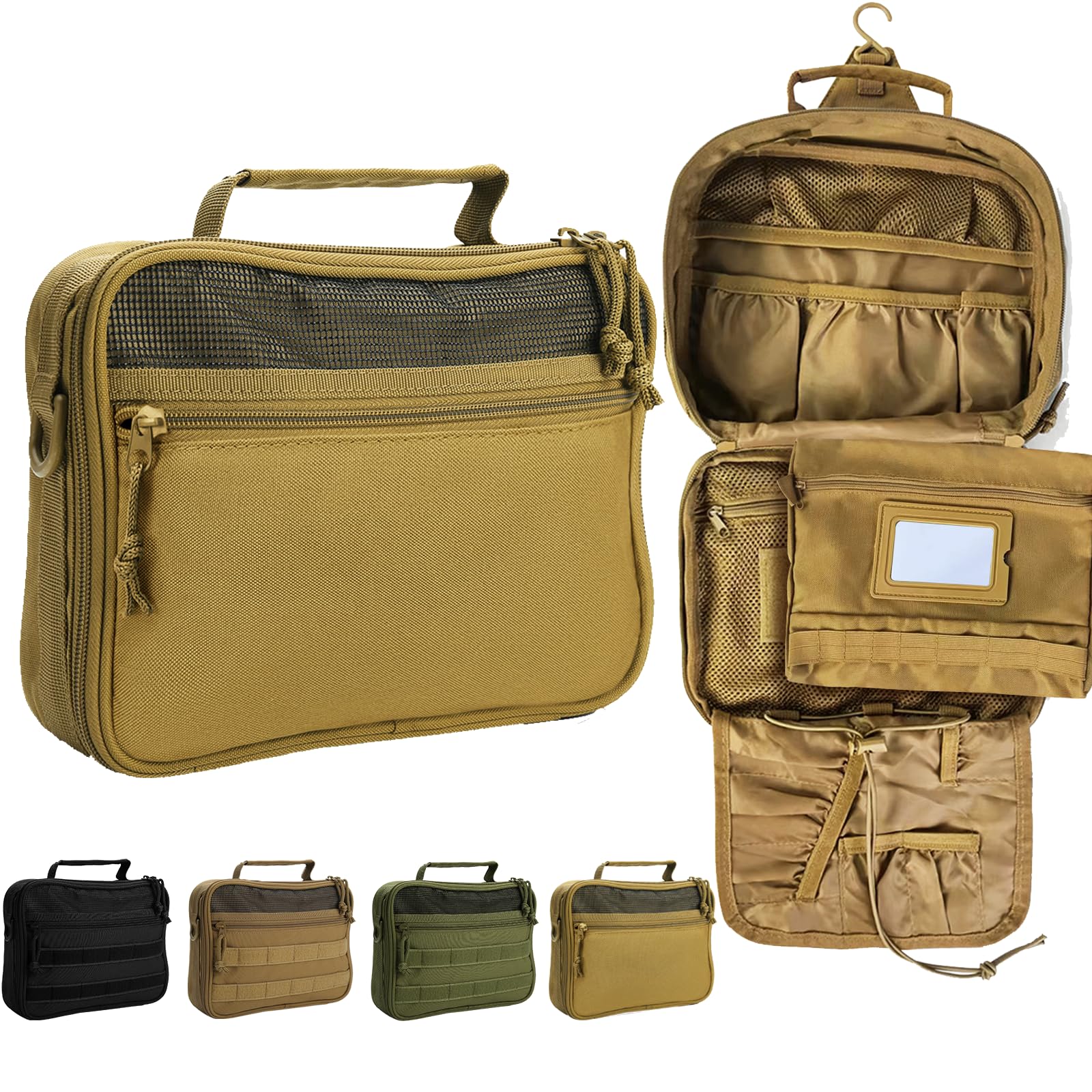 HJOKLS Toiletry Bag for Men Travel, Men's Hanging Toiletry Bag, Portable Dopp Kit Organizer with Hook - Shaving Bag, Tactical Travel Essentials Khaki（