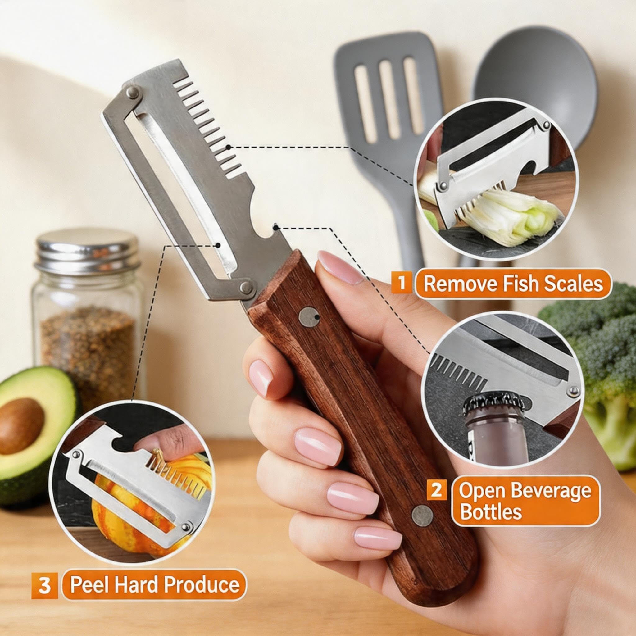 Strumento multifunzionale per cucina 3-in-1 Pelapatate Affettacipolle Apriscatole in acciaio antiruggine manico ergonomico legno