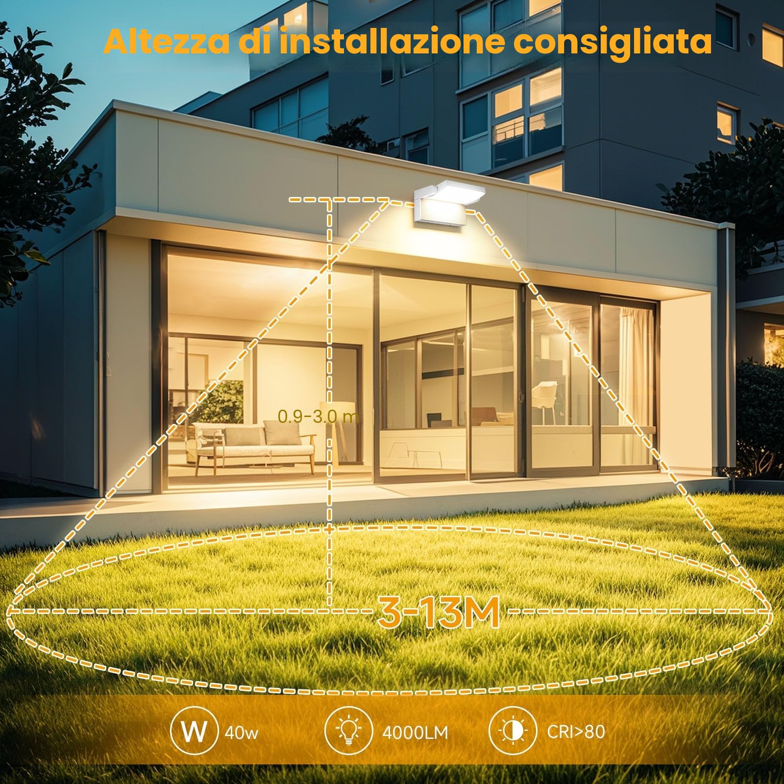 40W Applique da Esterno/Interno 4000LM Bianco Lampada da Parete Esterno Angolo regolabile Faretto per Terrazza Ingresso Giardini,Applique Esterno 3000K Bianco Caldo,108LEDS,IP65 Impermeabile