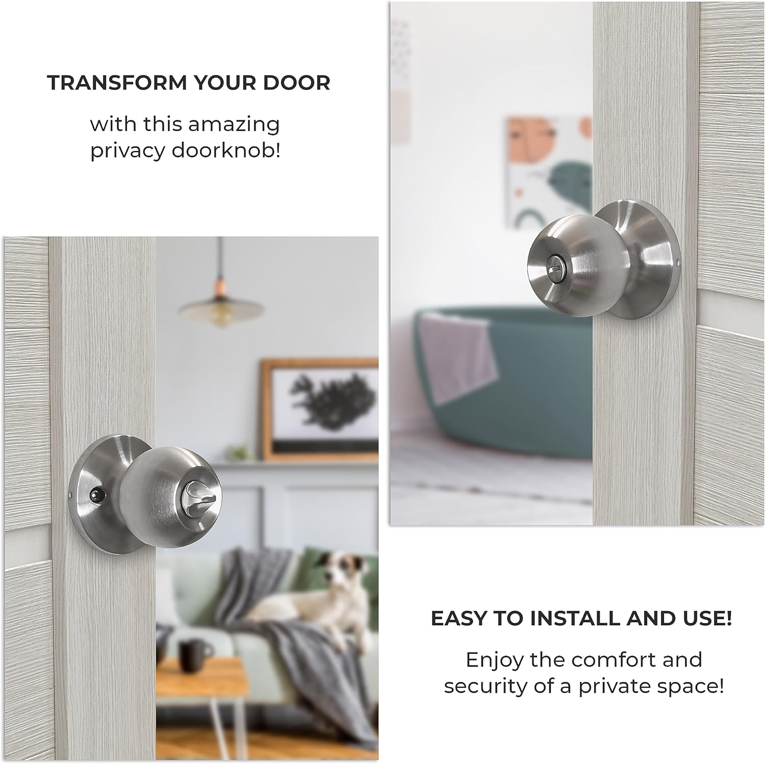 Privacy Door Knob and 3 Door Hinges Set with Magnetic Door Stopper - Complete Interior Door Hardware Kit - Satin Nickel