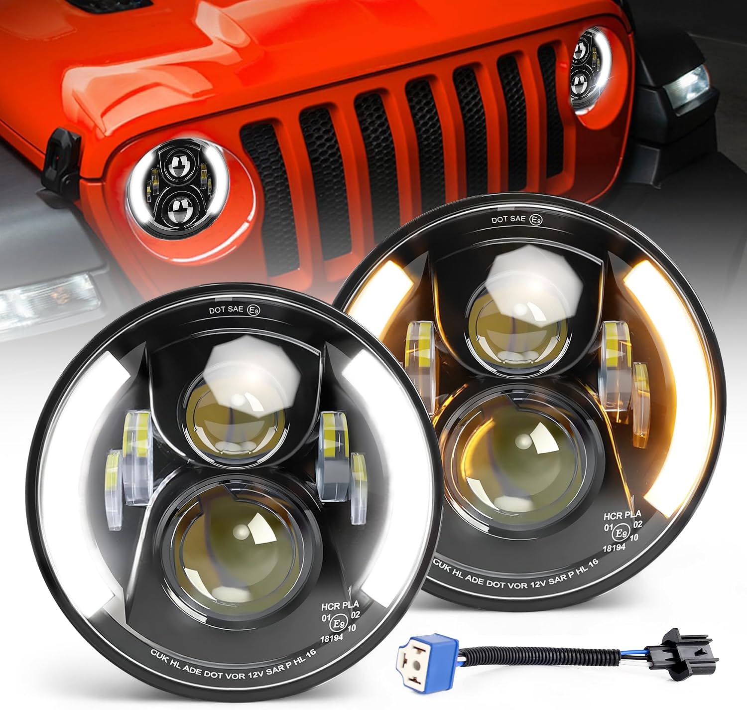 7 Inch Led Headlight Round H6024 Led Headlight DOT Approved Hi/Lo Beam DRL Black Headlights with 400% Brighter 12 HD Projectors Lens for Wrangler JK JKU TJ LJ CJ