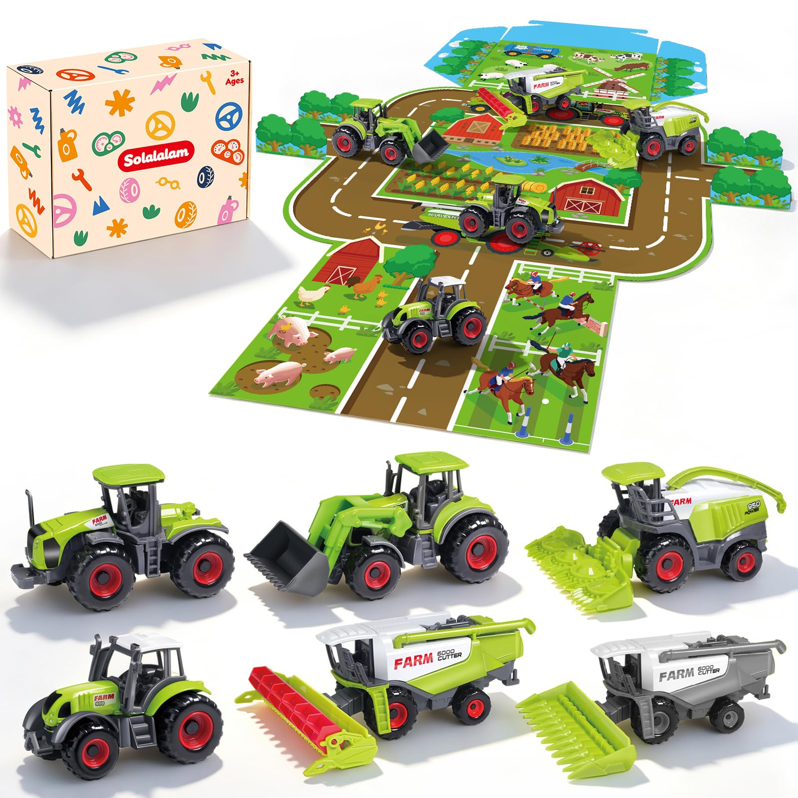 Solalalam Realistic Tractor Toy Cars & Activity Farm Map Kids Play Vehicles