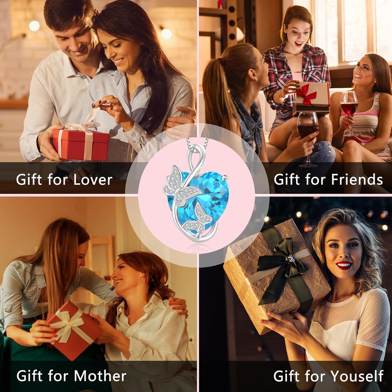 Women's Butterfly Heart Birthstone Pendant Necklaces 925 Sterling Silver 5A Cubic Zirconia Jewelry Gifts,Christmas Anniversary Birthday Gifts for Her - Image 6