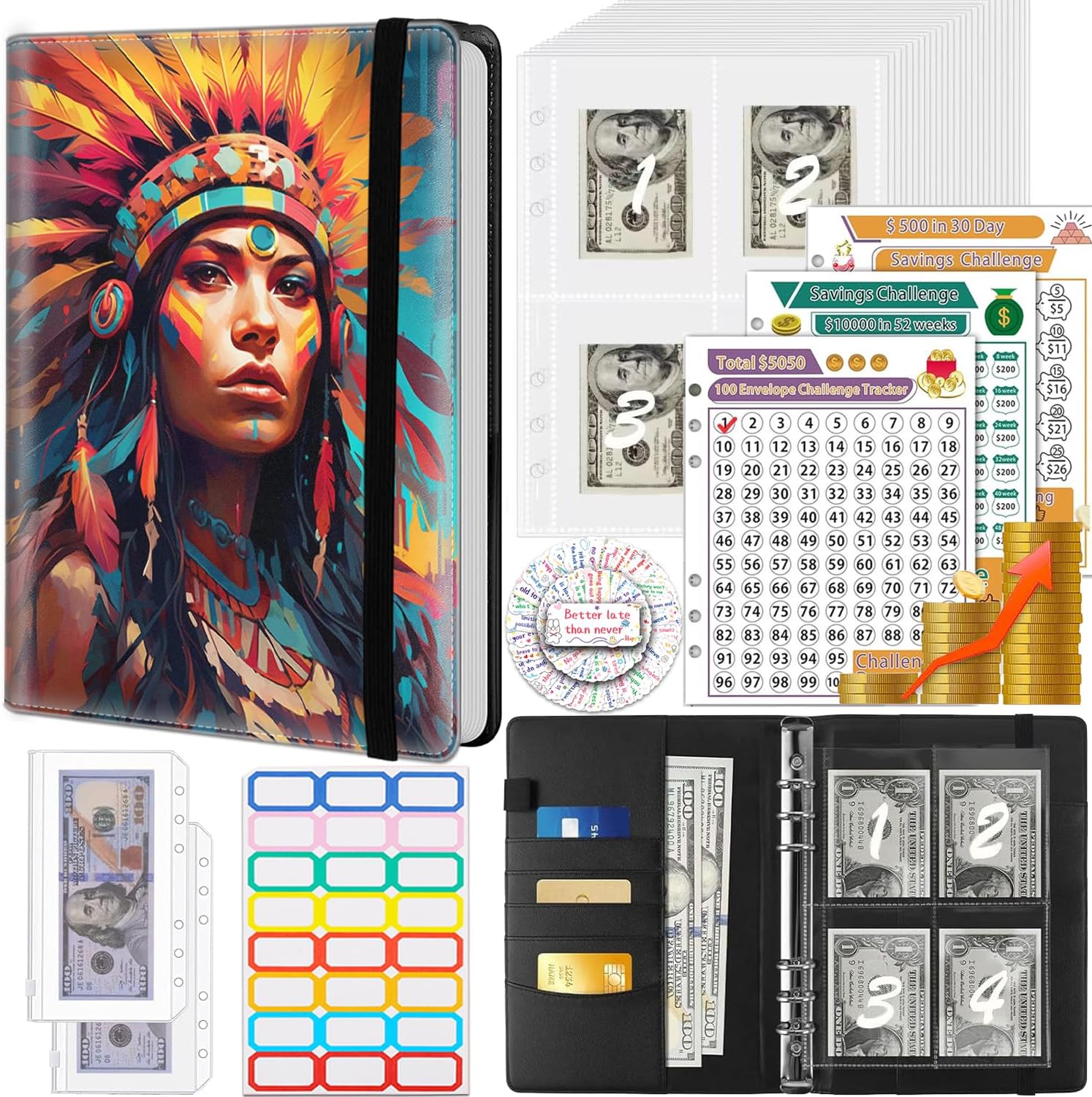 Money Saving Binder, 100 Envelopes Money Saving Challenge, Cash Envelopes Budget Binder & 3 Budgeting Planner Trackers, PU Leathers A5 Money Saving Planner Book，Golden Moon Sun