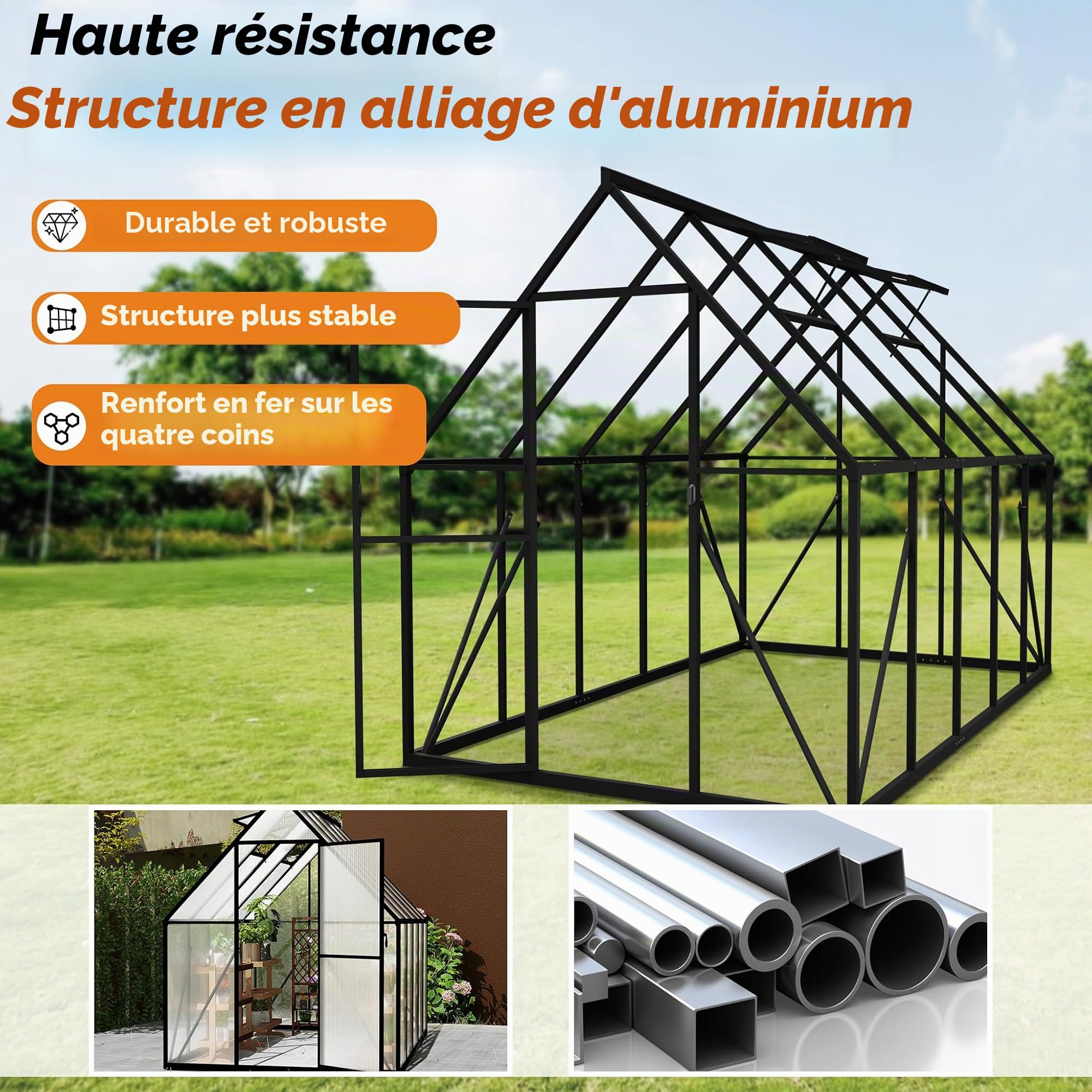 Froadp Serre en aluminium avec fondation 280 x 180 x 195 cm - Plaques creuses en polycarbonate de 4 mm - Résistant aux intempéries - Serre à tomates avec fenêtres - Pour jardin et élevage