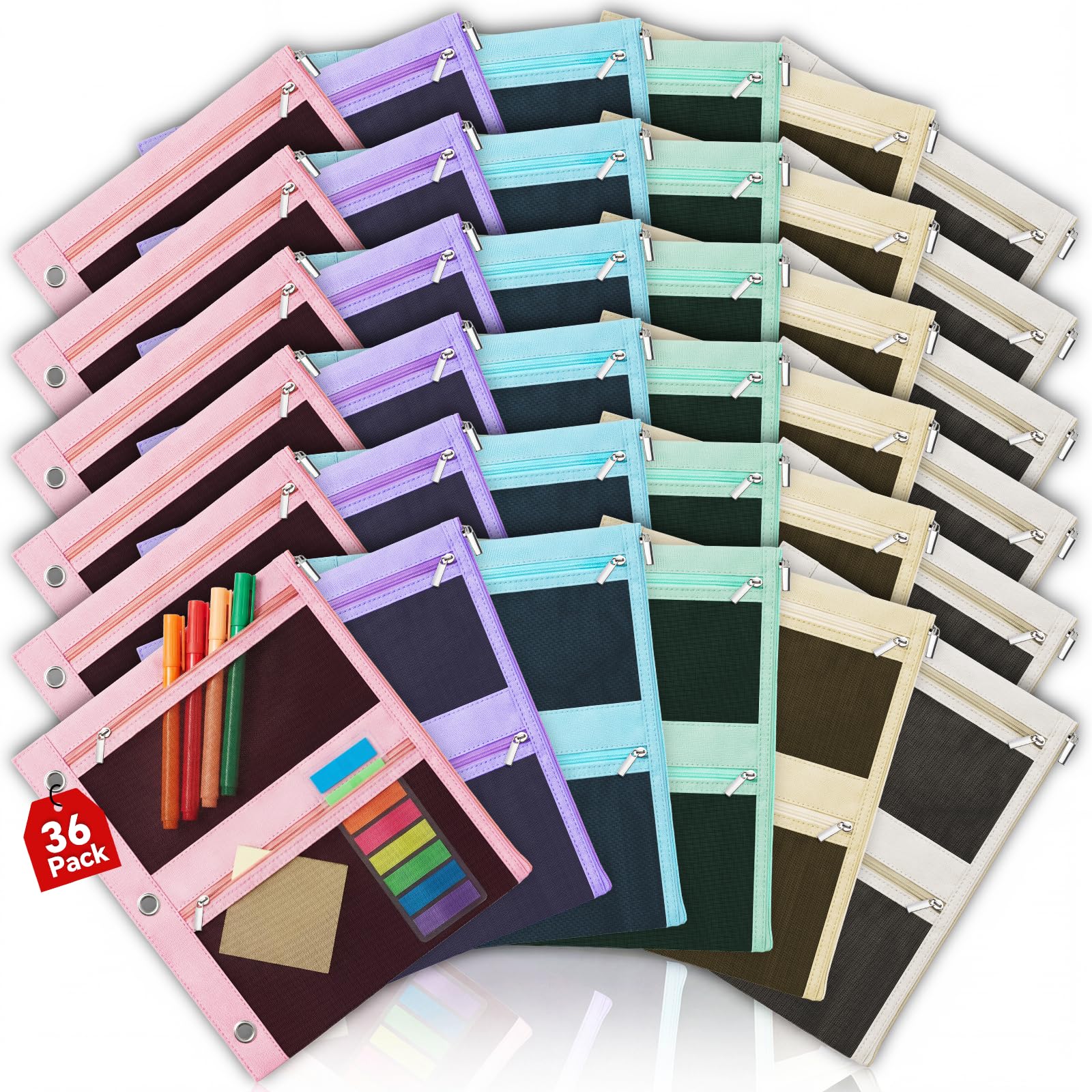 Lanpn 36 Pcs Pencil Pouch for 3 Ring Binder, 3 Pocket Zipper Binder Pouch Bulk, 9"x11" Binders Pencil Case, Pastel School Supplies for Girl Boy Student, Reinforced Grommets, Clear Window, Micro Mesh