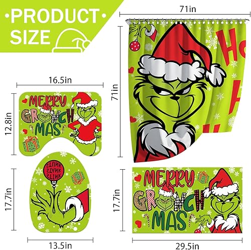 Miniatura 3 de Juego de 4 piezas de cortina de ducha de Navidad, juego de cortinas de ducha de Navidad Ho, alfombras antideslizantes, cubierta de tapa de inodoro y